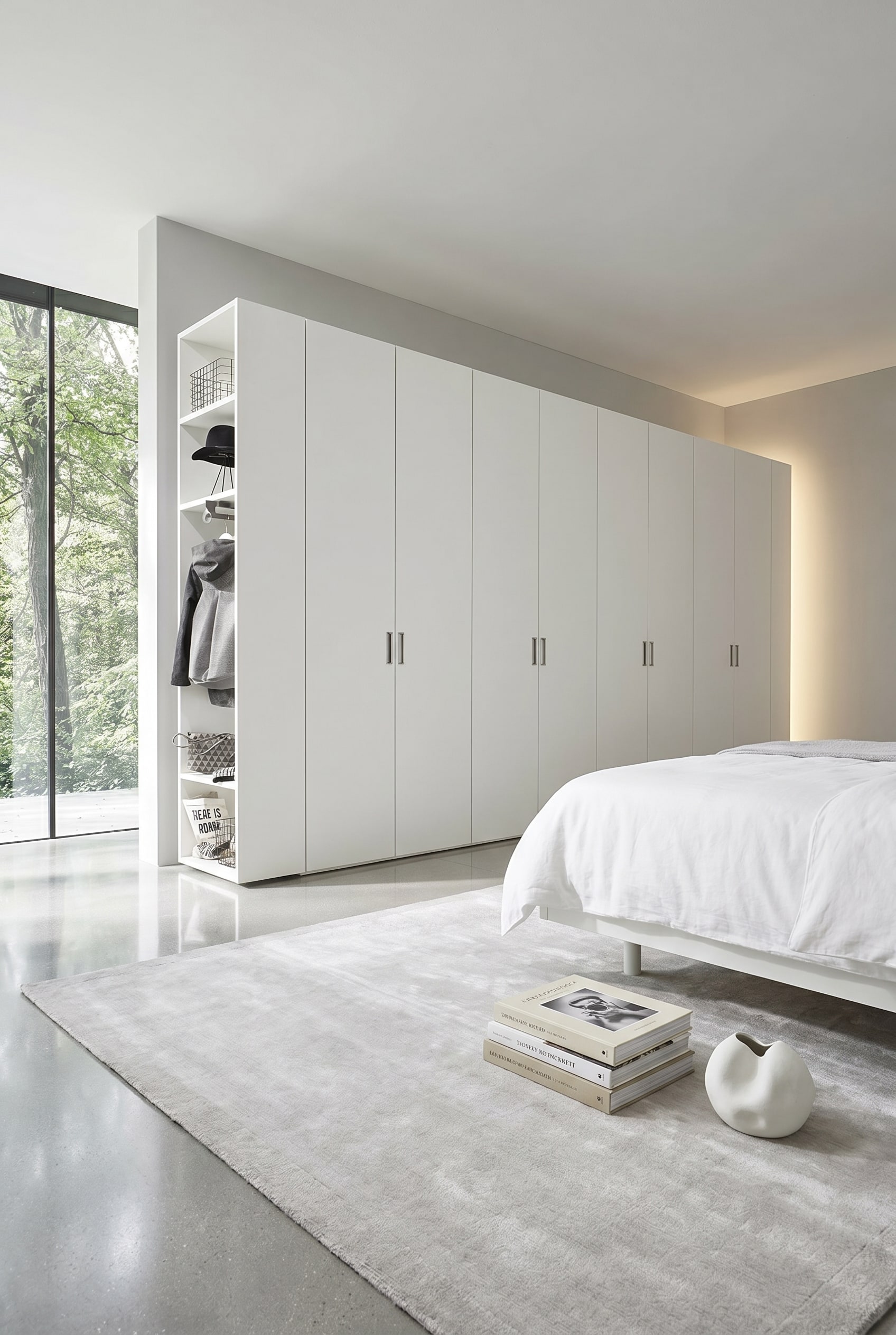 Aufger&auml;umtes Schlafzimmer mit glattem Kleiderschrank in Wei&szlig; mit Fl&uuml;gelt&uuml;ren, indirekter Wandbeleuchtung und einem gestapelten Bildband auf dem Boden