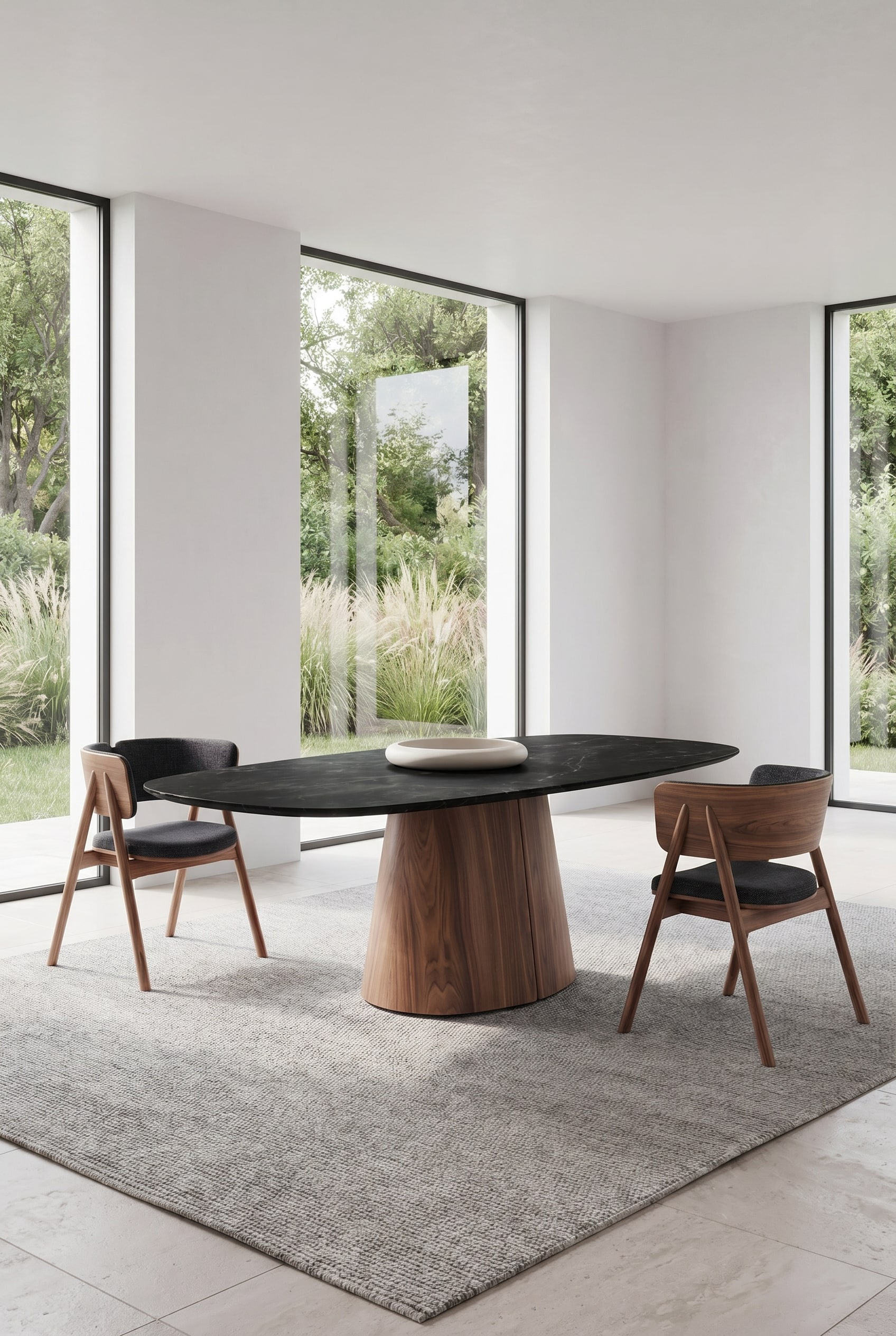 Modern dining room with an organically shaped wooden table, flat oval ceramic bowl, and anthracite-colored chairs