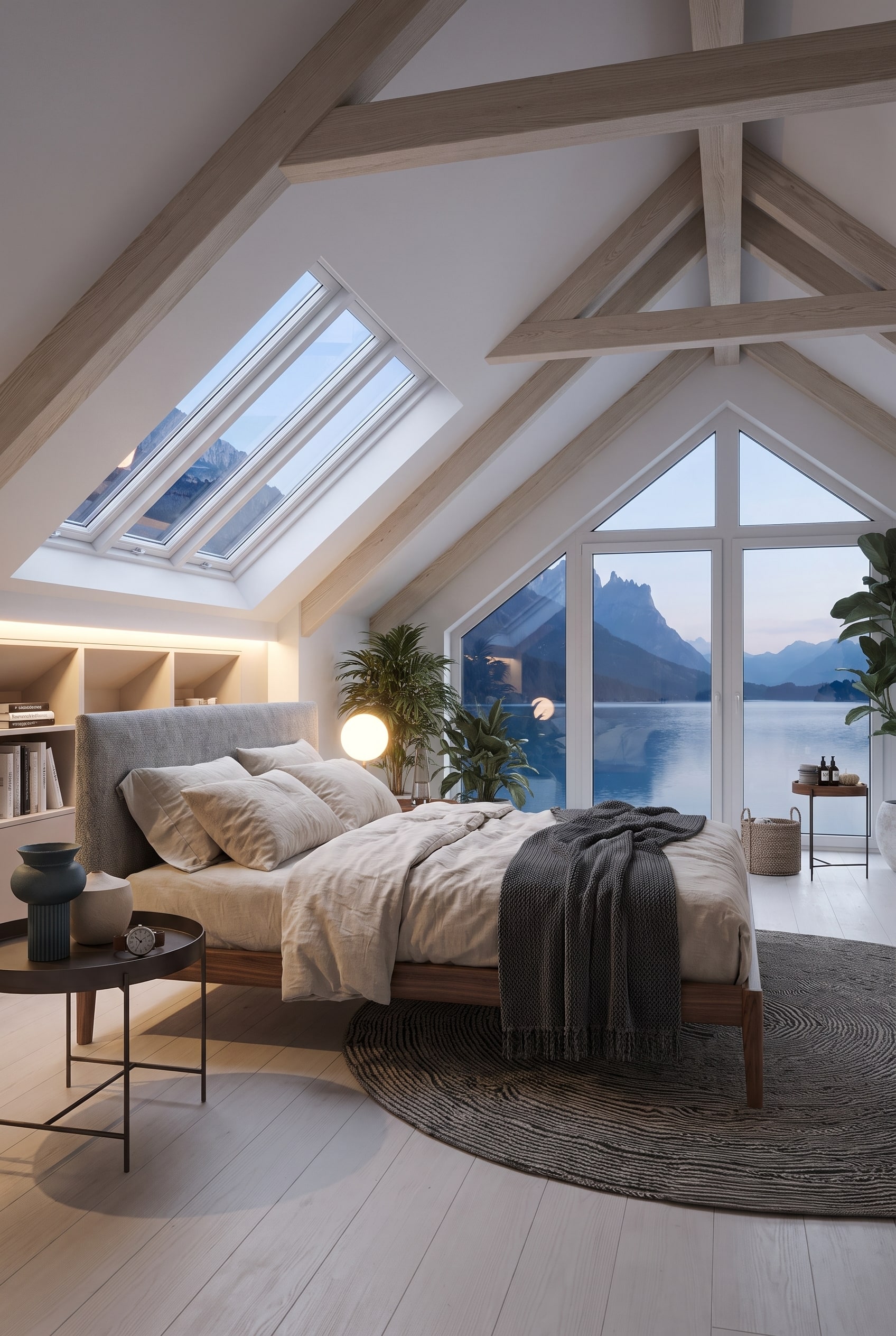 Elegant bed with wooden frame and grey upholstered headboard in a bright bedroom under the roof