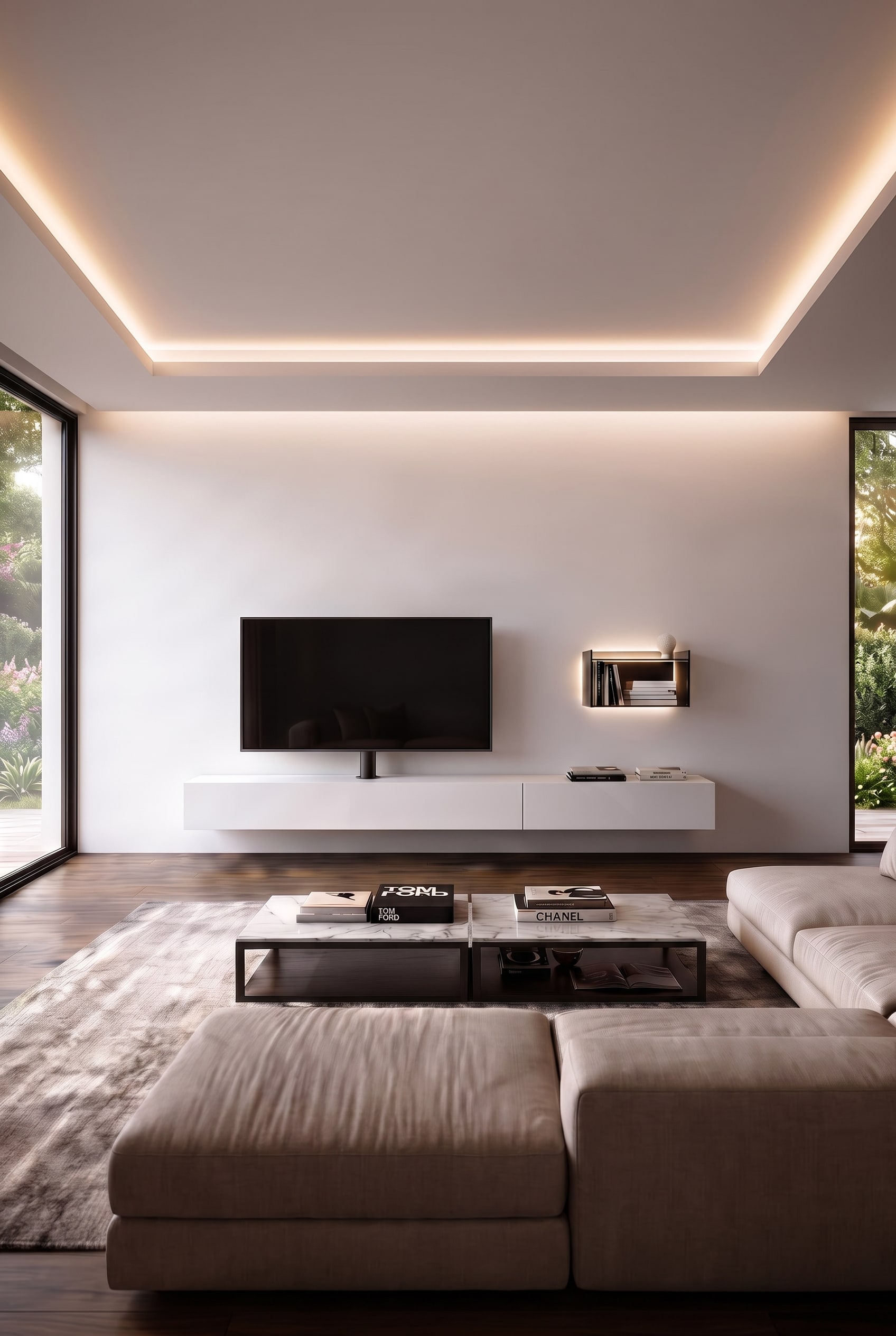 Minimalist, white lowboard with an integrated black TV mounting column, TV mounted, completely wireless, in front of a smooth white wall.