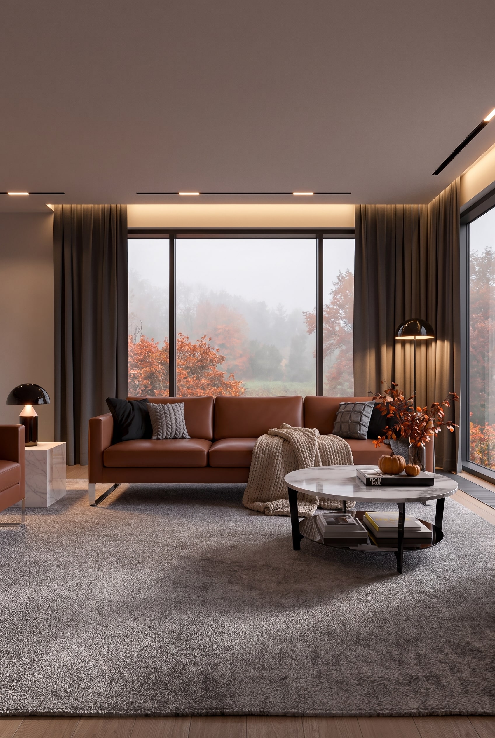 Living room with cognac-colored leather sofa in front of floor-to-ceiling windows, warm light incidence, autumn mood