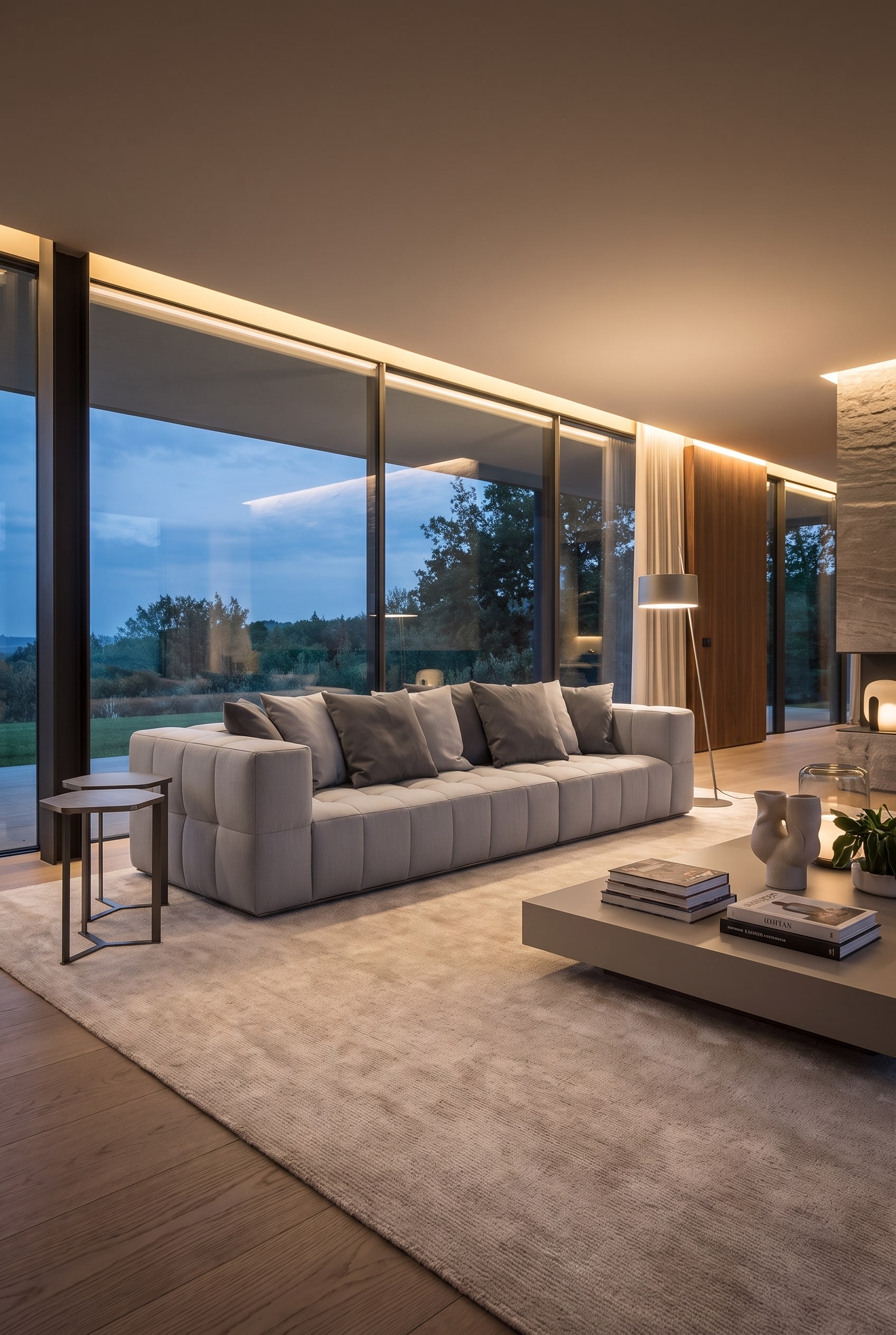 Luxuri&ouml;ses Wohnzimmer mit ausladendem, grauem Modulsofa auf einem gro&szlig;formatigen hellen Teppich