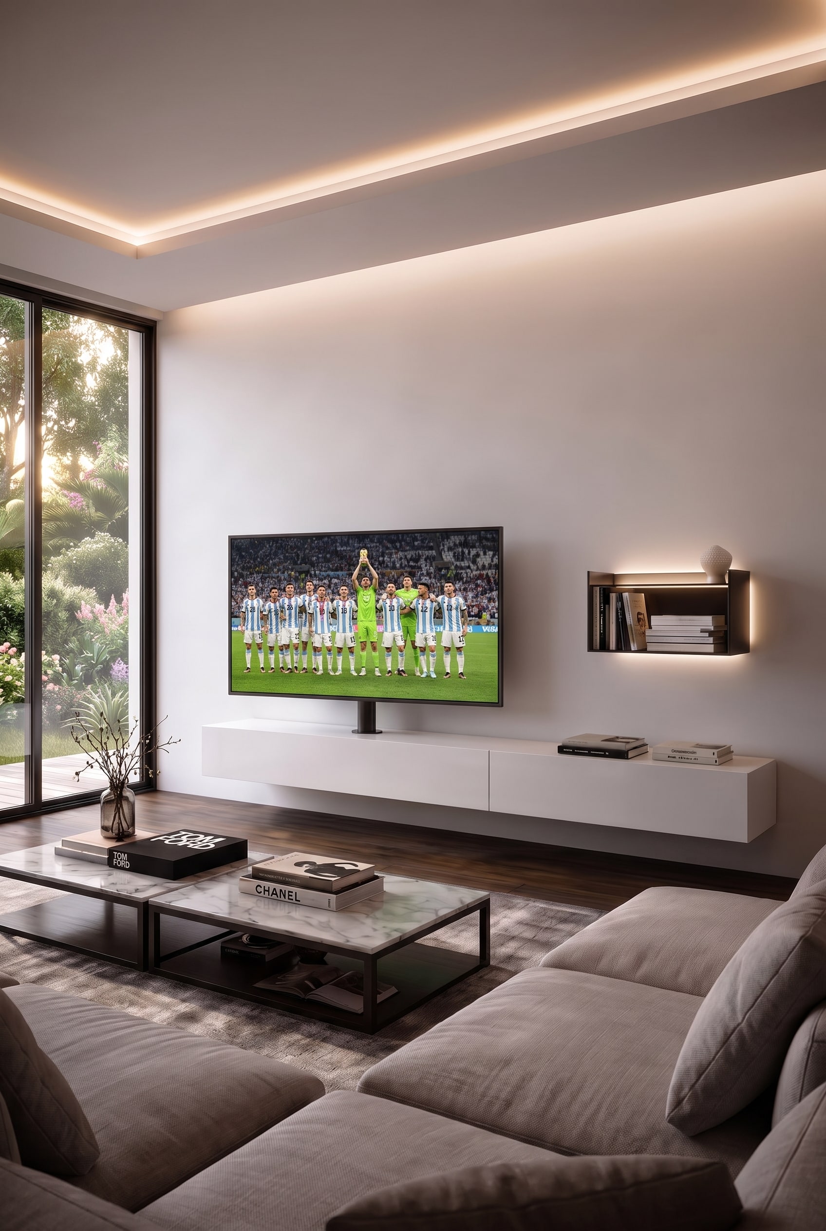 Modernes Wohnzimmer mit wei&szlig;em TV-Lowboard, schwebender drehbarer Fernsehhalterung und grauer Polstercouch vor gro&szlig;en Fenstern