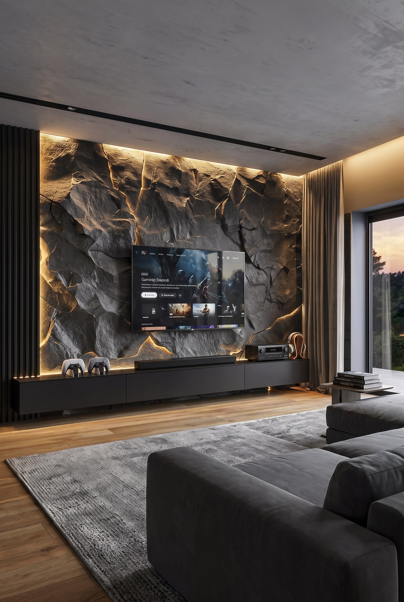 Ergonomic living room setup with a flat lowboard and a flat-screen TV perfectly positioned at eye level for comfortable gaming.