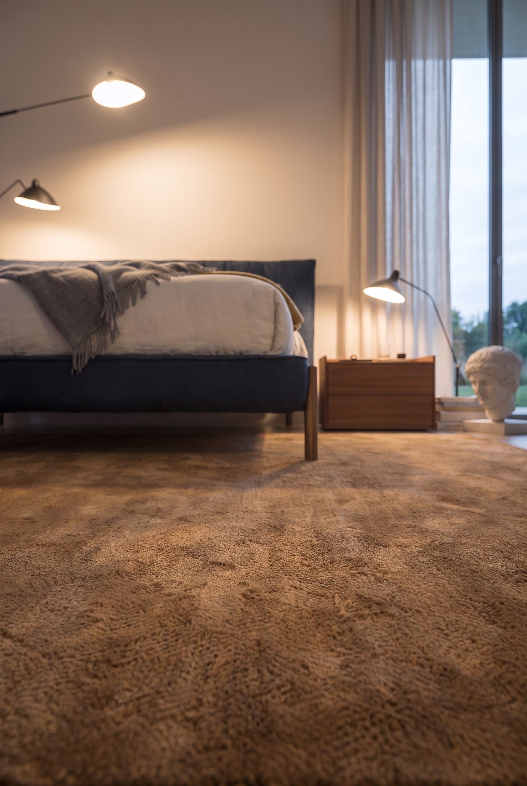 Nahaufnahme der weichen Teppichstruktur neben der dunkelblauen Stoffkante eines modernen Polsterbettes im Schlafzimmer.