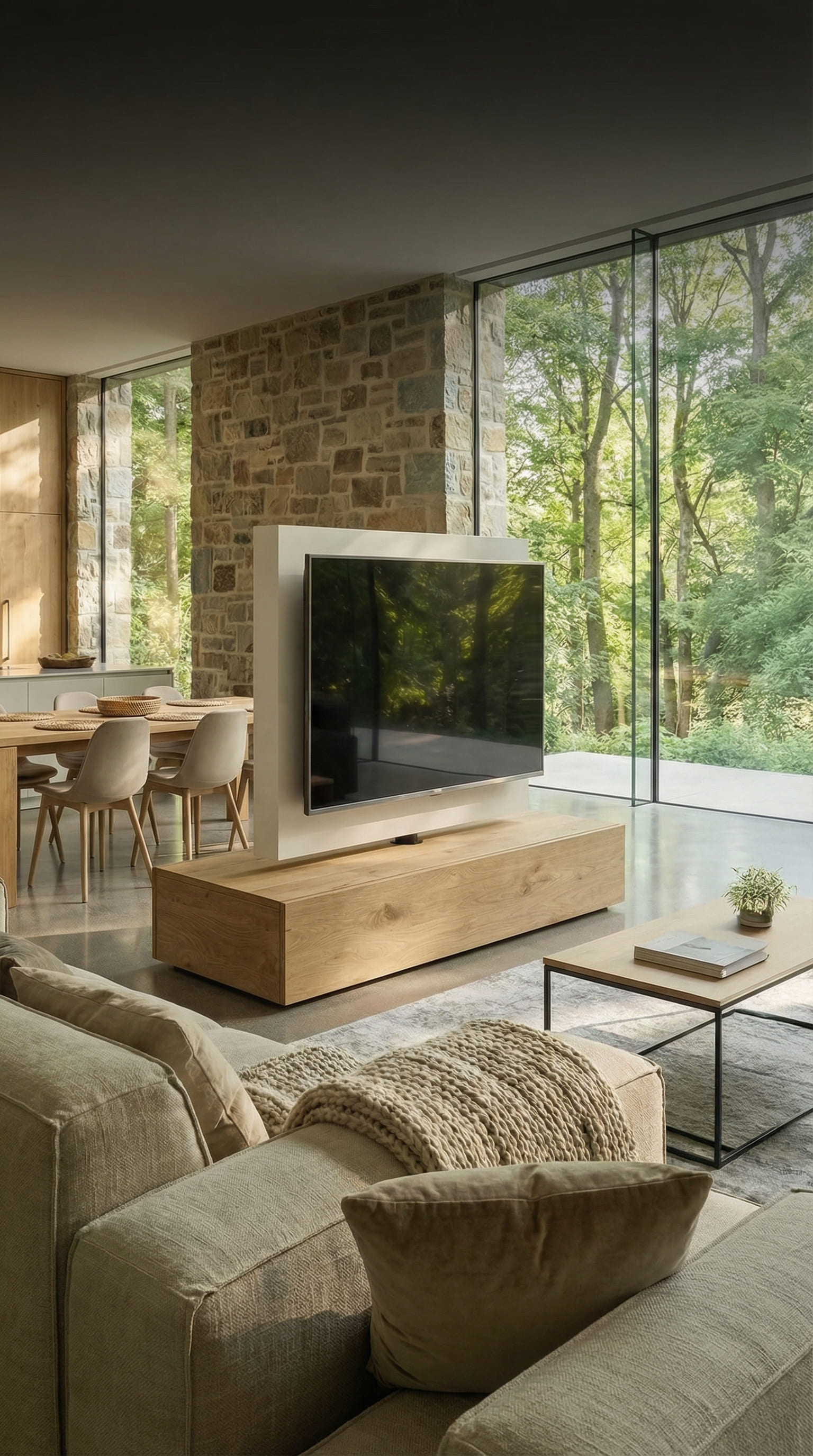 Drehbarer TV-Raumteiler im offenen Wohnzimmer mit Naturstein