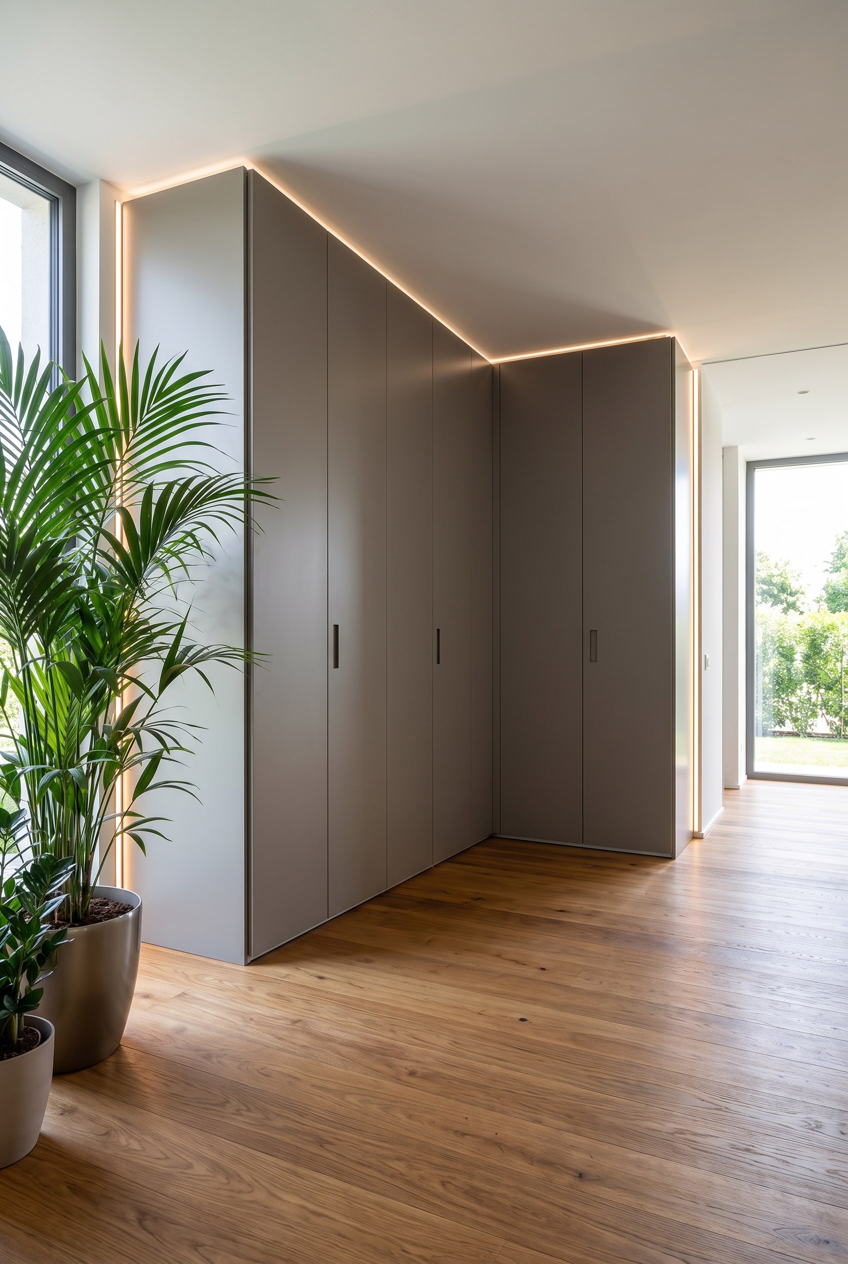 Hallway with custom-made corner cabinet in matte lacquer, next to it a large green plant on continuous warm wooden flooring