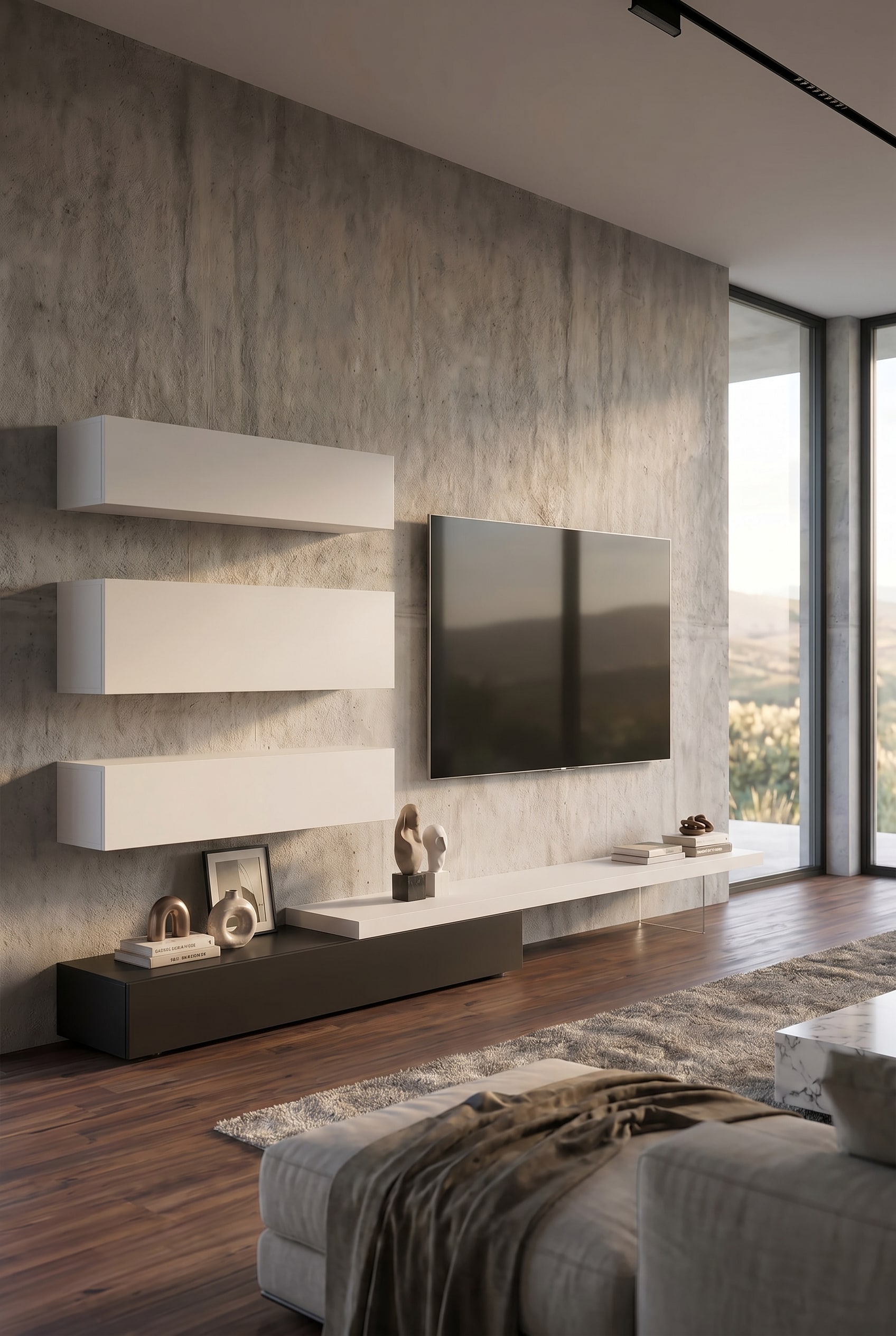 Minimalist wall unit with white hanging elements, black lowboard, and rough concrete wall in the background