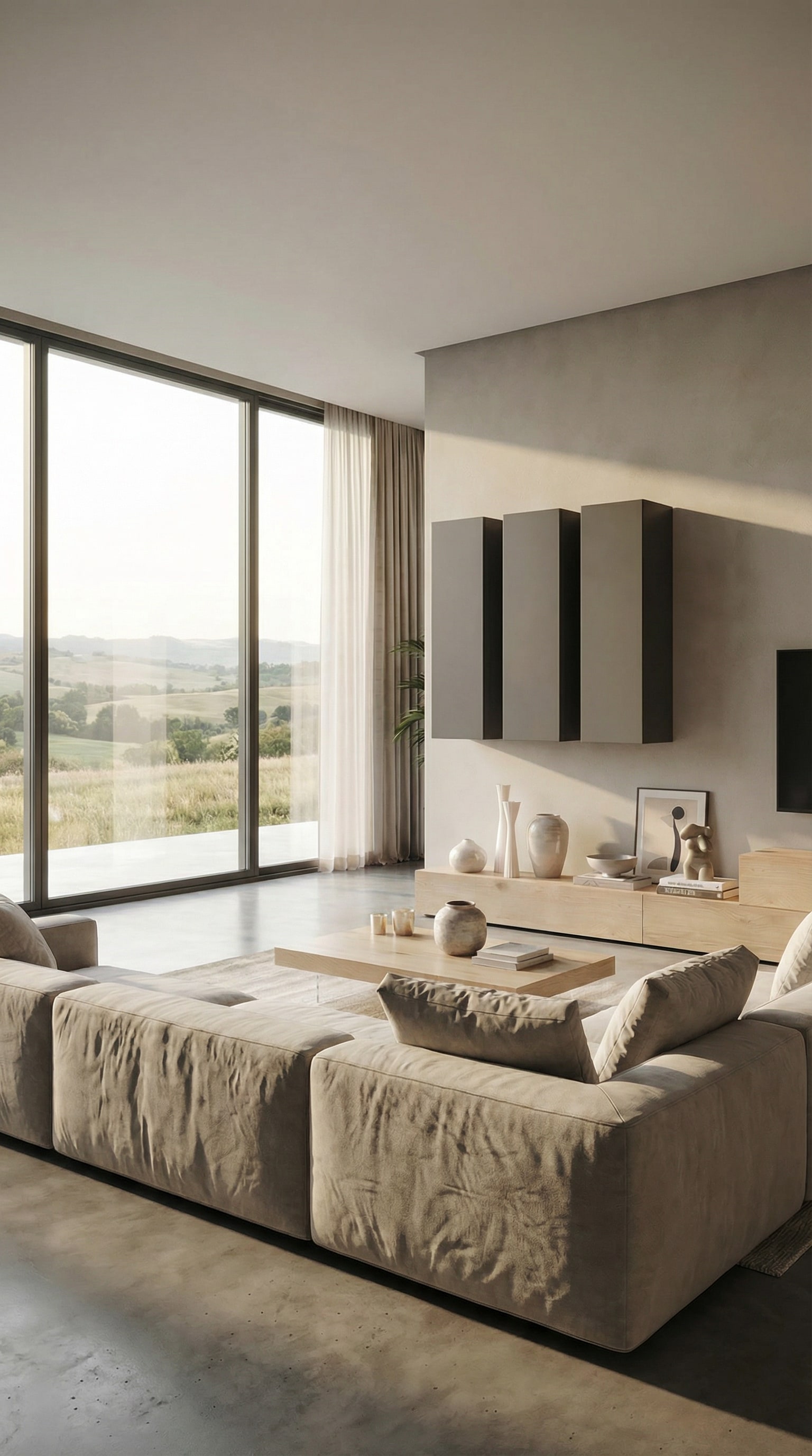 Moderne Landhaus Wohnwand mit dunklen matten Fronten und Holzakzenten im Wohnzimmer