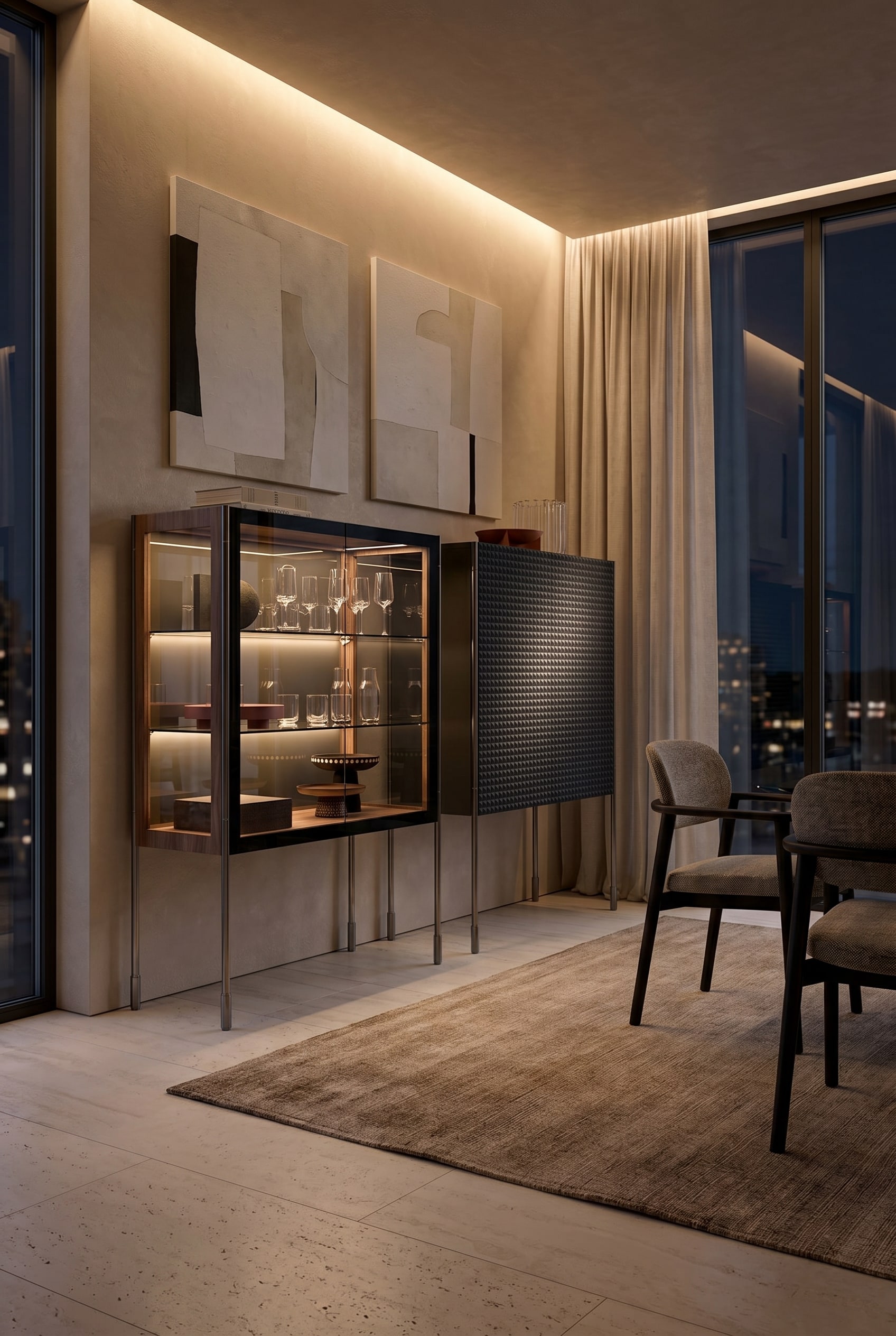 Minimalistisches Wohnzimmer mit mattschwarzem 3D-Struktur Highboard und angrenzendem Glasvitrinen-Element
