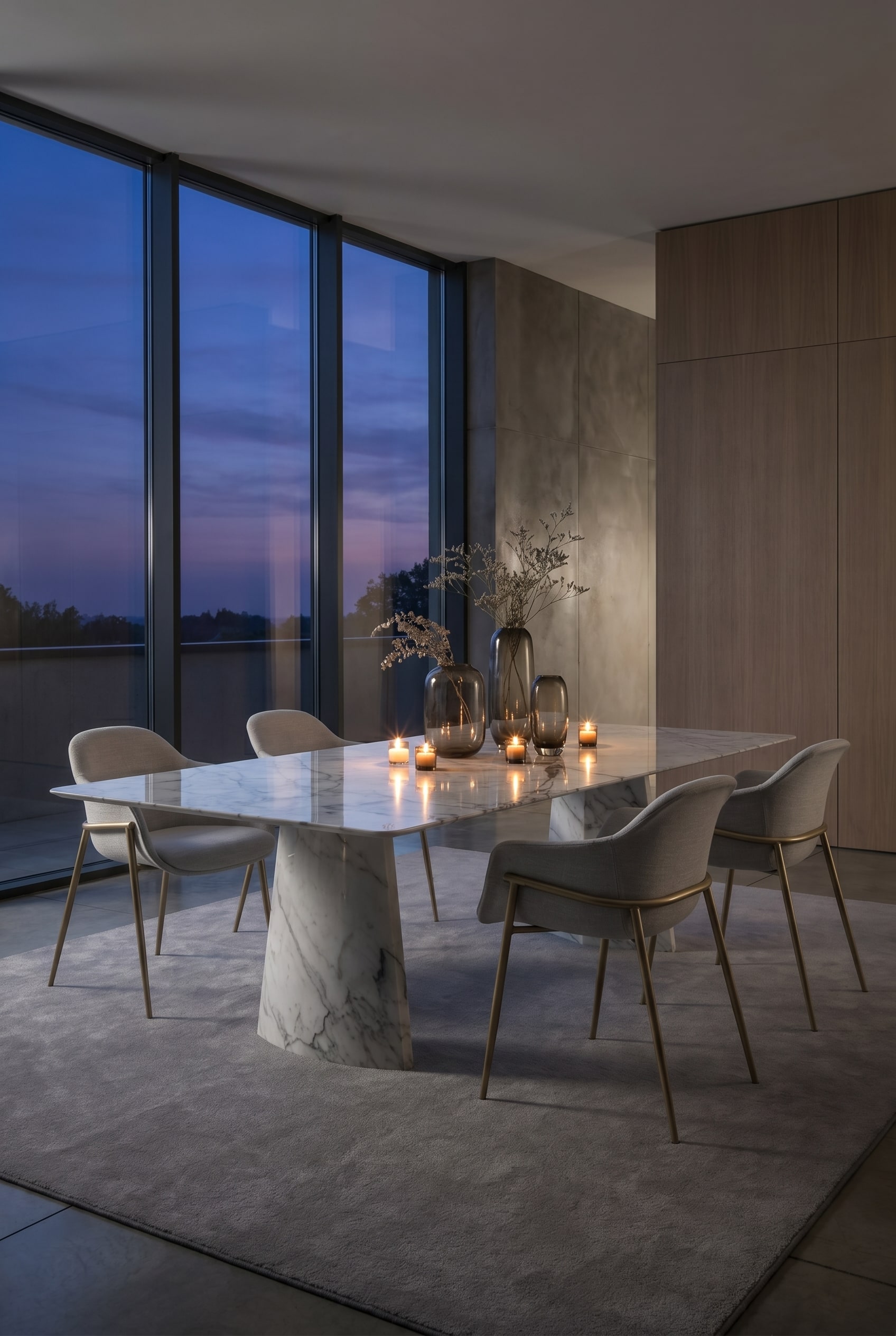 Luxurious dining room in semi-darkness with a light marble table, smoky glass vases, and simple dark grey chairs