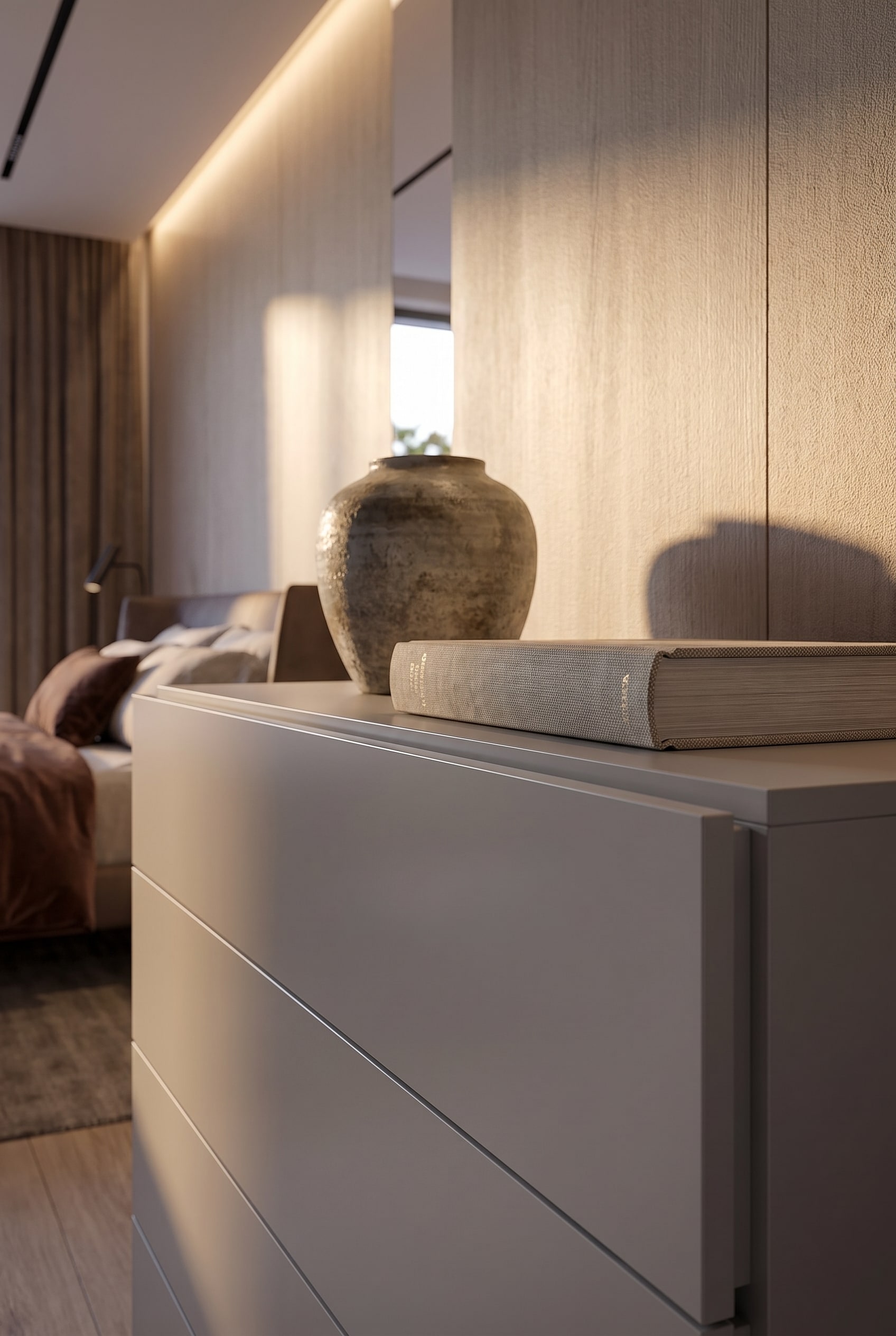 Purist Novamobili chest of drawers in the bedroom with a designer vase on the surface