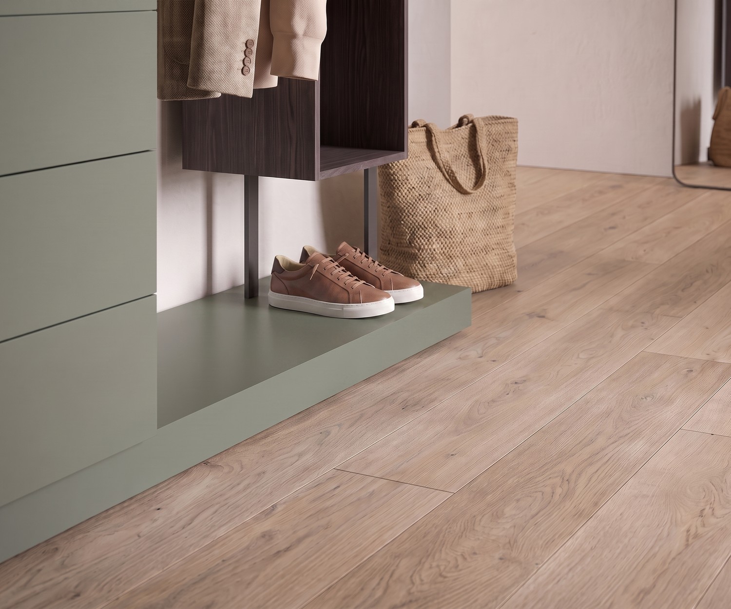 Novamobili Kommode Easy 4 mit Garderobe Novamobili Kommode Easy 4 mit Garderobe als stummer Diener im Flur, grünes Design-Modul mit Holzregal und Schuhablage.
