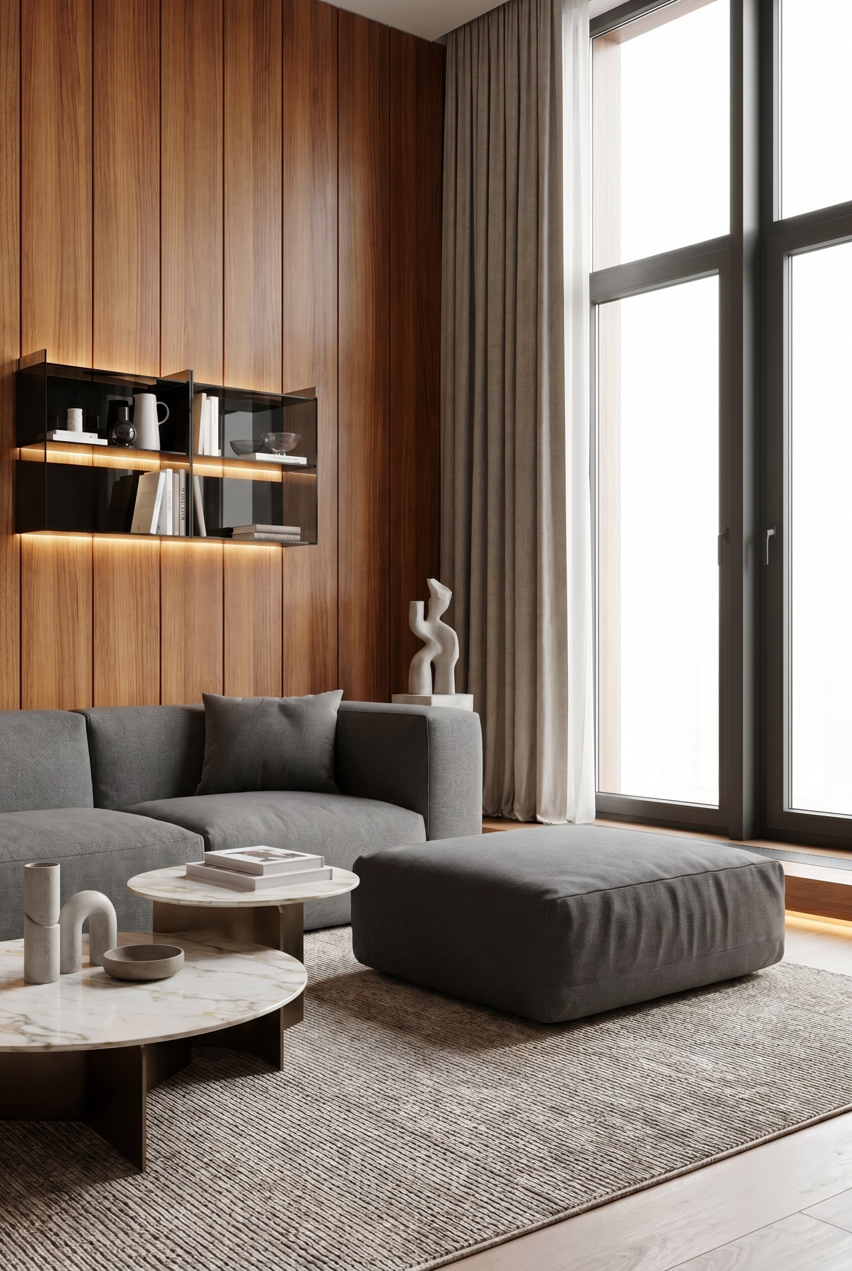 Living room with vertical wood paneling and a low, cushion-like pouf in moss green on the floor