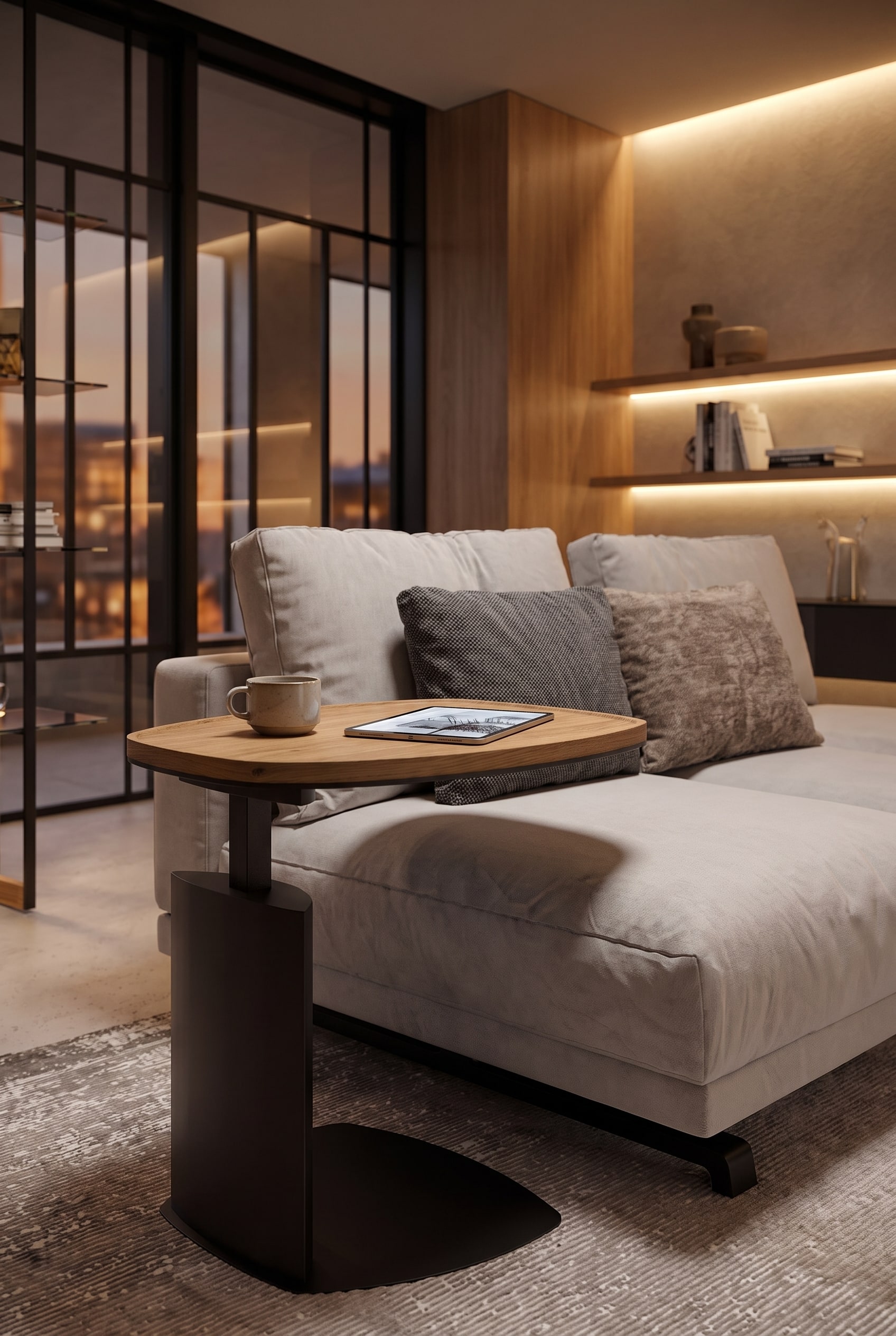 Compact living room with a modern C-shaped side table made of black metal, space-savingly pushed over the seat of a grey sofa.