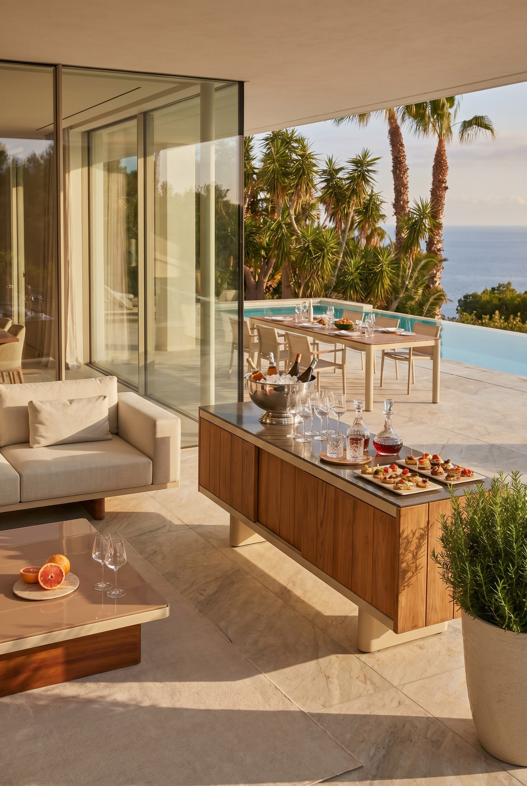 Elegante Terrasse mit einem Teakholz Outdoor-Sideboard als Buffetstation und einem Esstisch im Hintergrund