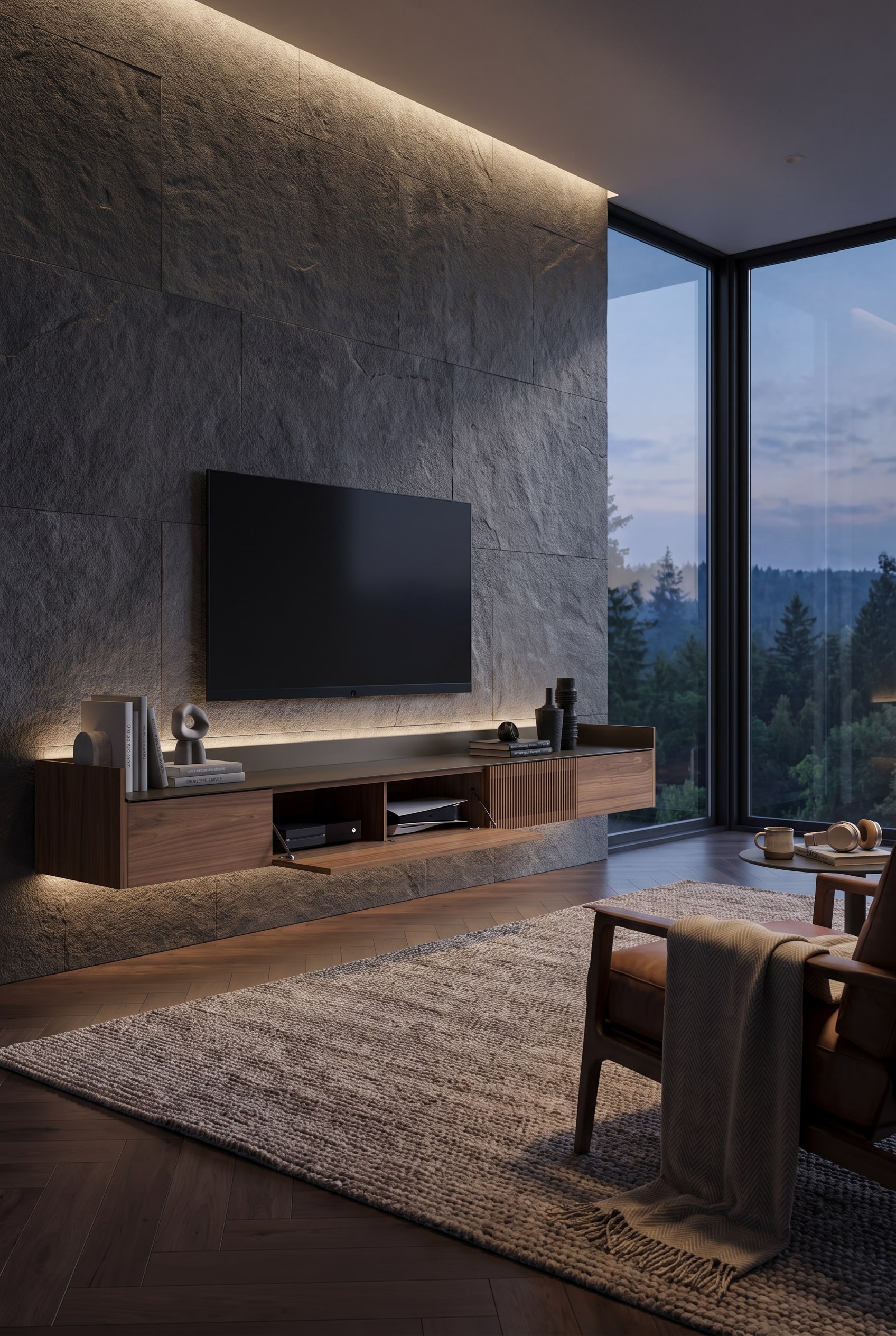 A floating, matte black lowboard with a dark acoustic fabric flap door hangs under a wall-mounted OLED TV.