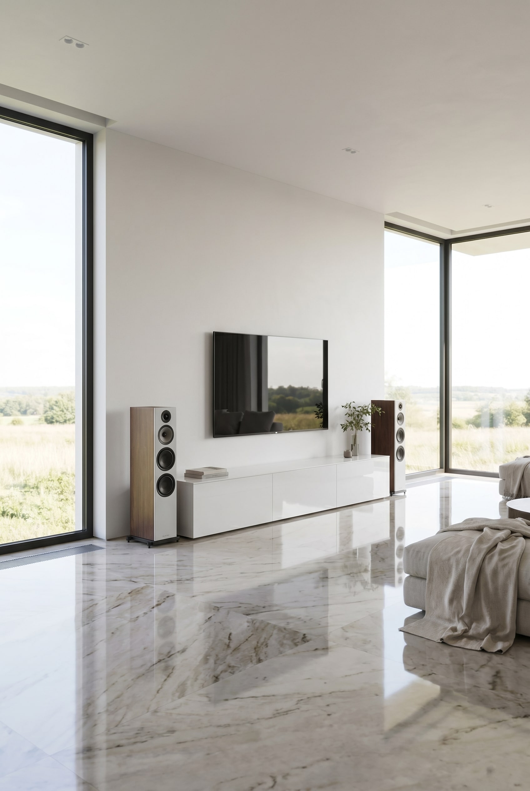 Spacious living room with long, white high-gloss lowboard and perfectly symmetrically placed high-end speakers