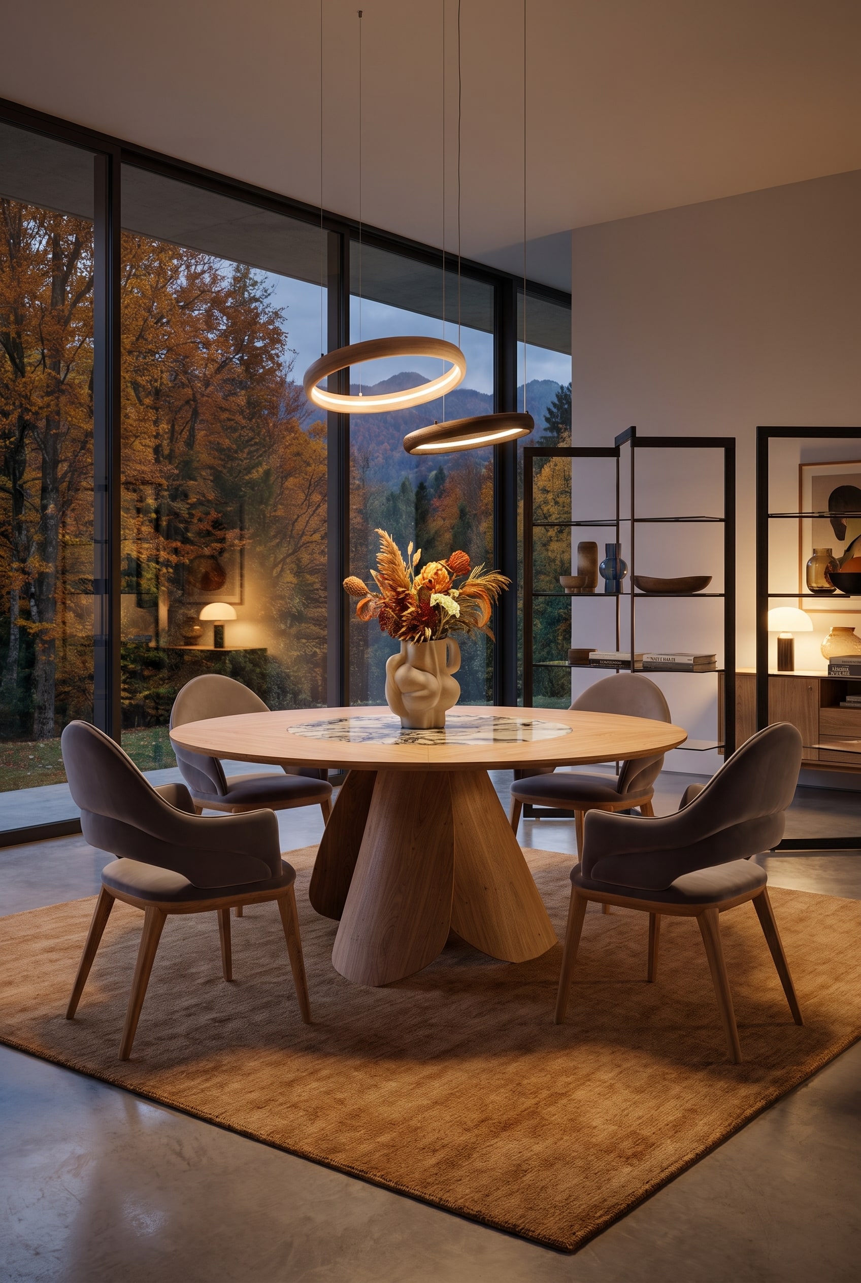 Round dining table with a ceramic top in marble look, combined with Mid-Century chairs in front of a large window.