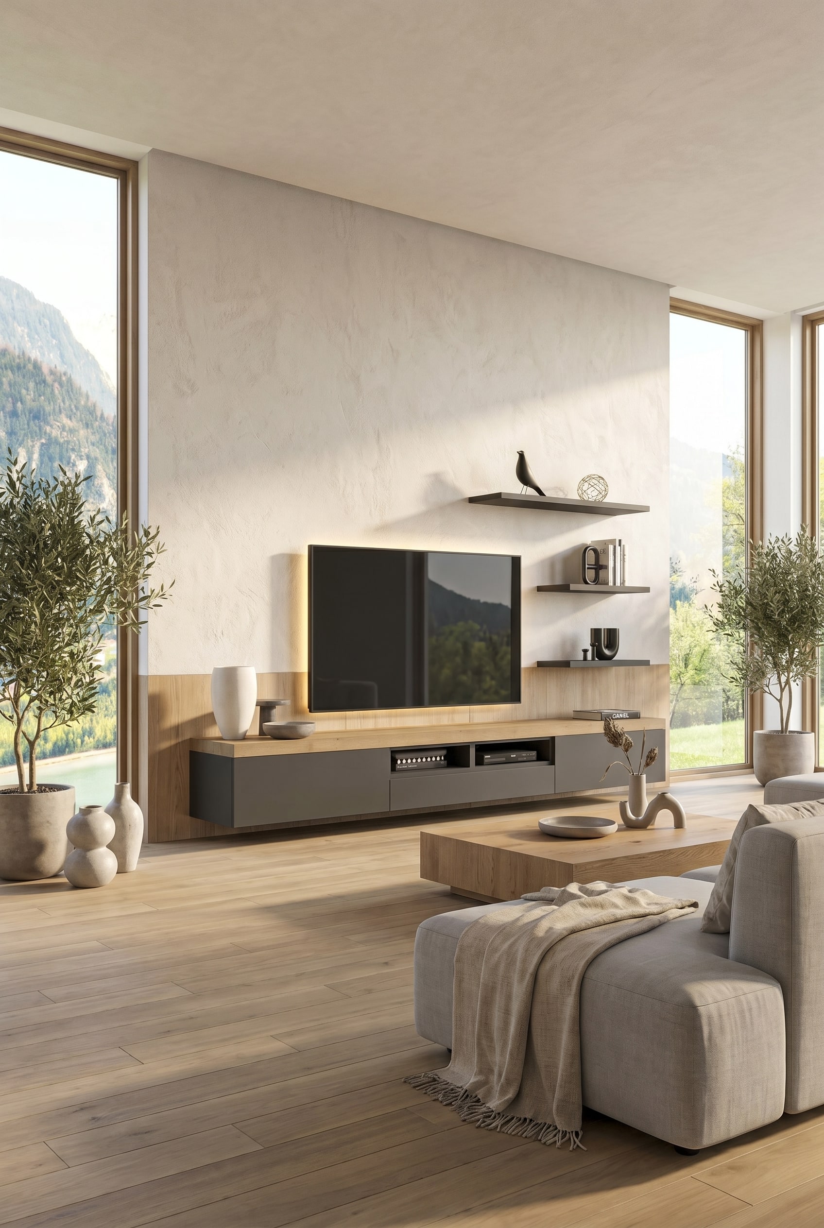 Extrabreites Lowboard im Landhausstil mit Holzplatte und asymmetrisch platziertem Fernseher Extrabreites Lowboard im Landhausstil mit Holzplatte und asymmetrisch platziertem Fernseher