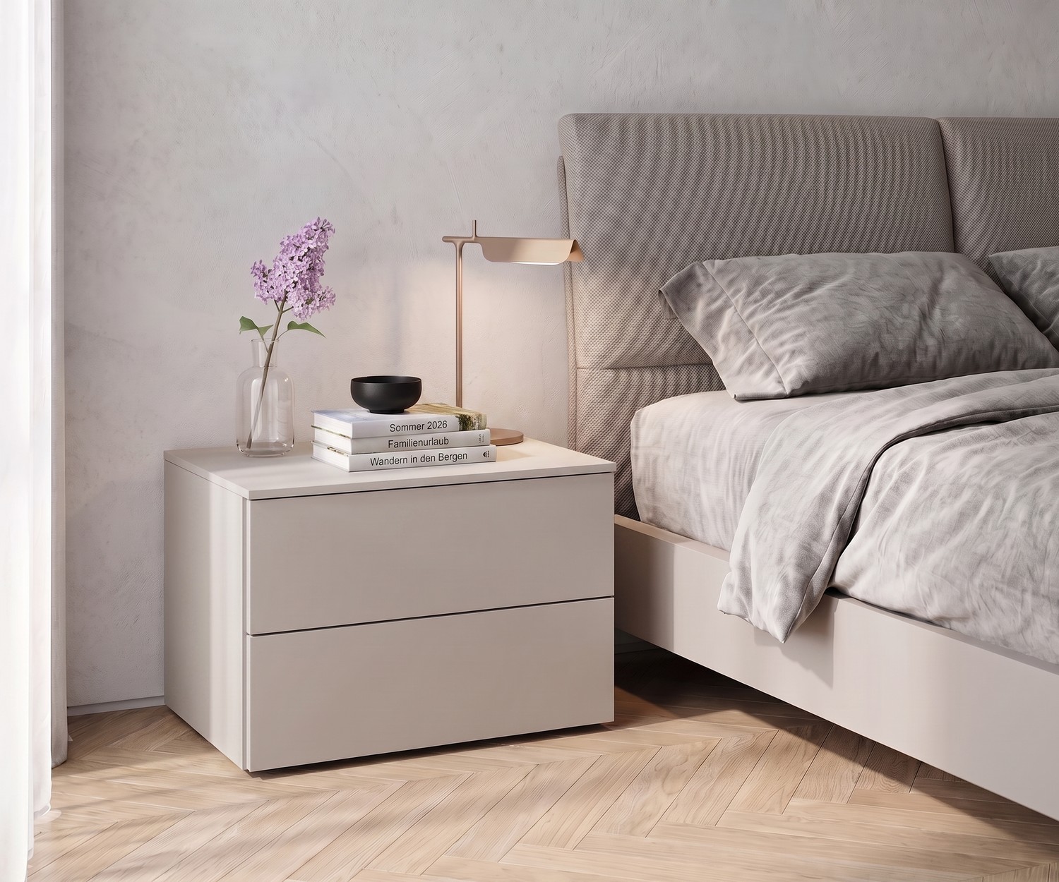 Livitalia Atena Nachttisch in Beige mit zwei Schubladen Livitalia Atena Nachttisch im Schlafzimmer: minimalistische beige Nachtkommode mit zwei Schubladen im modernen Design.