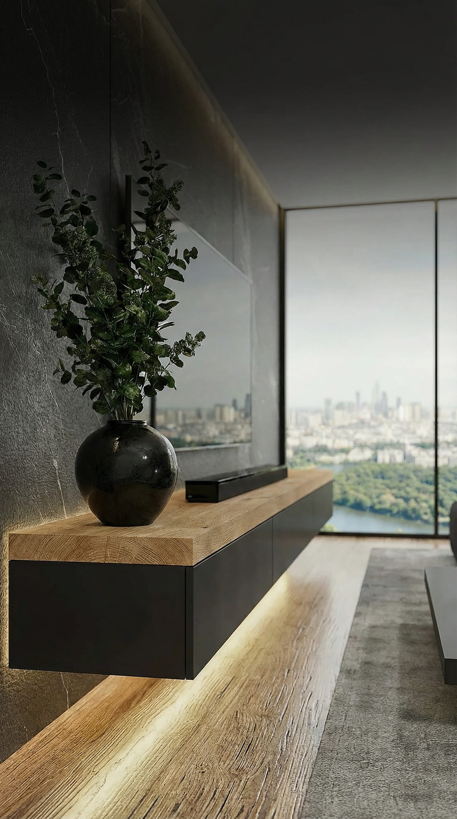 Design Lowboard mit massiver Eichenplatte vor der Skyline