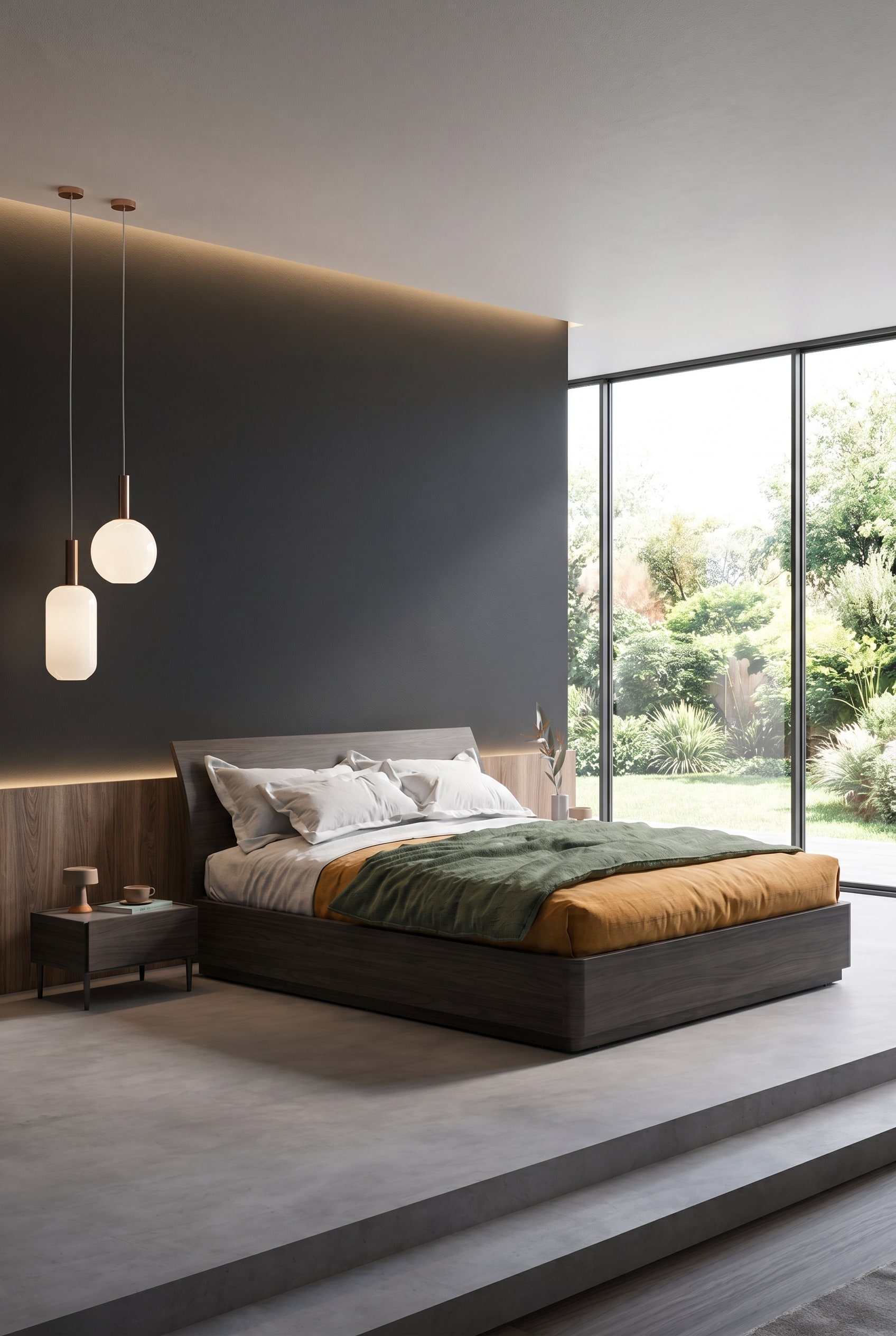 Solid wood bed with curved headboard in front of a dark wall in a light-filled room