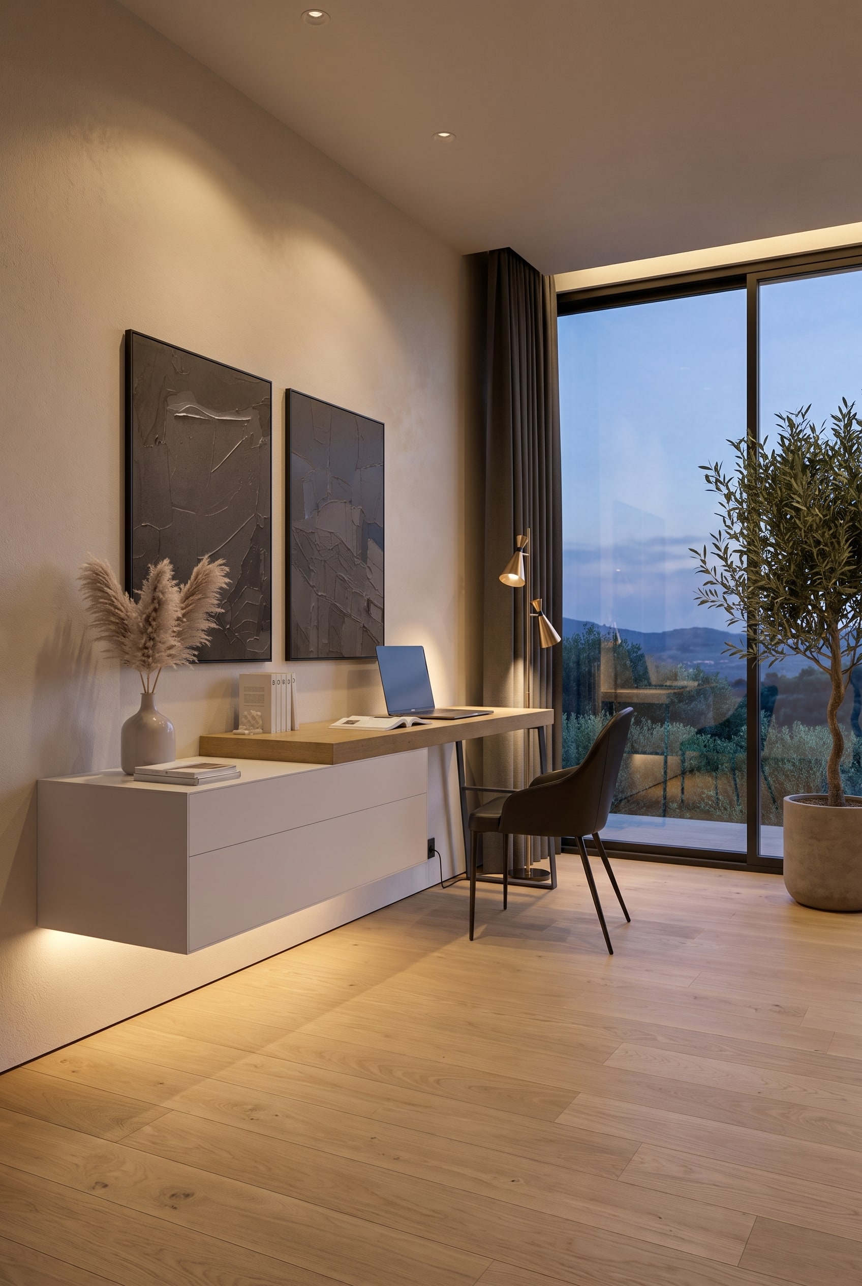 Compact study with a floating white Livitalia Ecletto wall cabinet and desk
