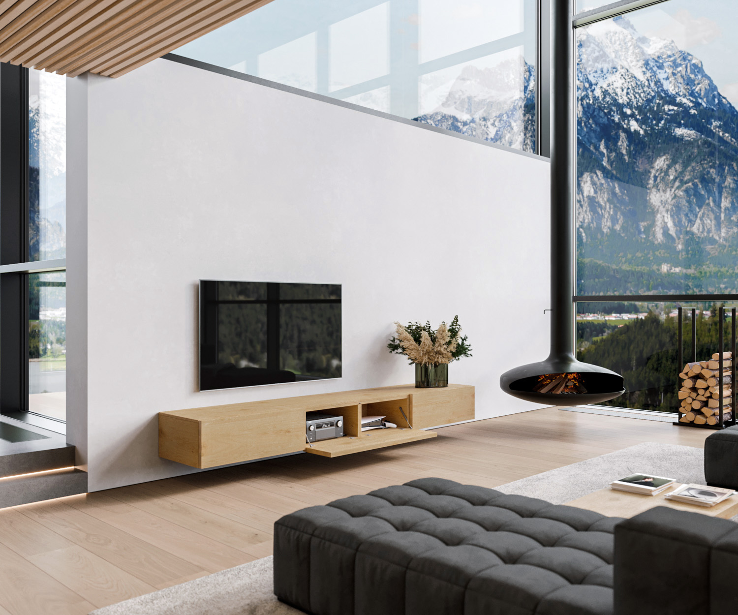 Design Holz TV Lowboard haengend schwebend konfigurator Eiche Natur Hell