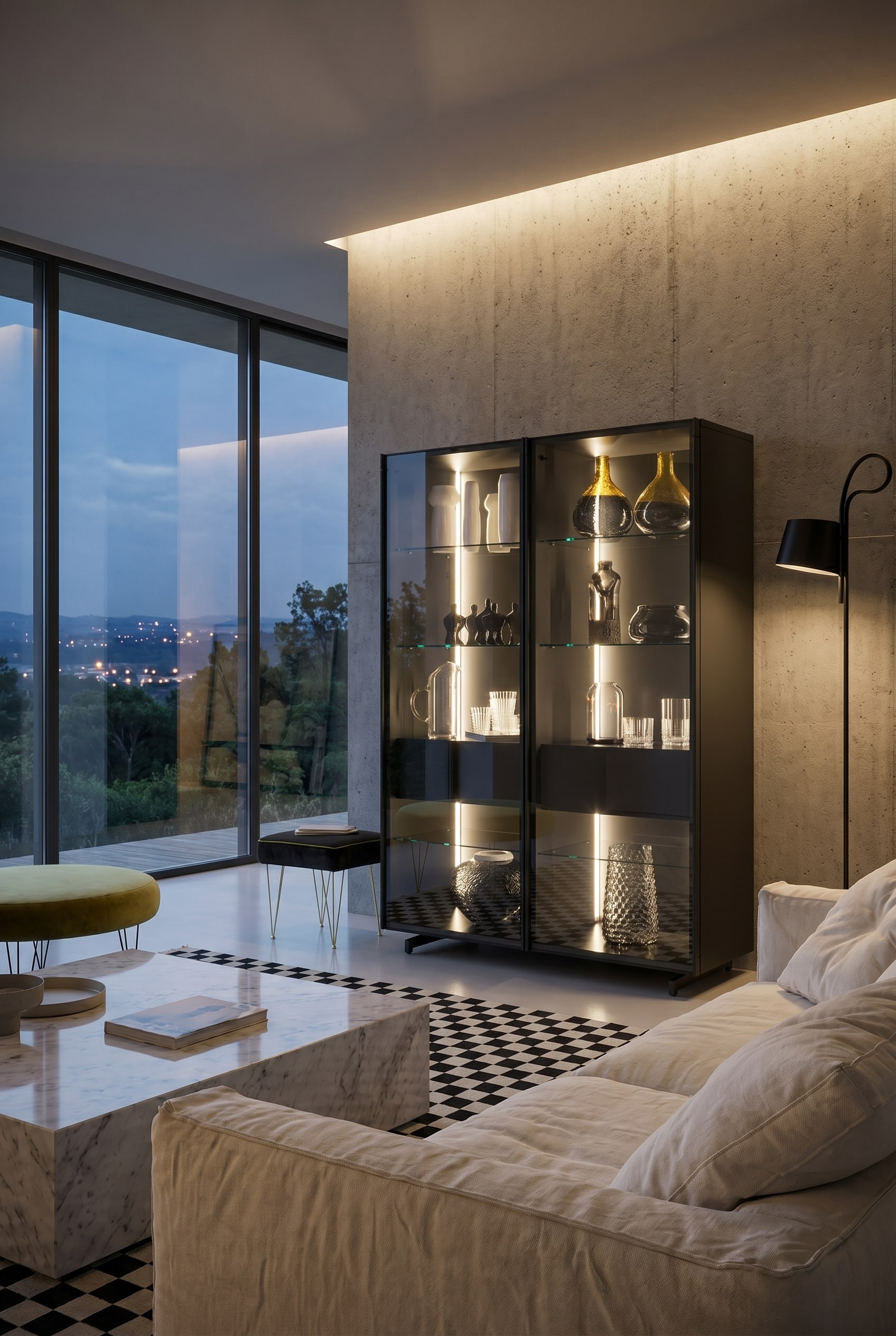 Black, floor-to-ceiling glass display cabinet with LEDs invisibly integrated into the frame, illuminating white porcelain in a minimalist room