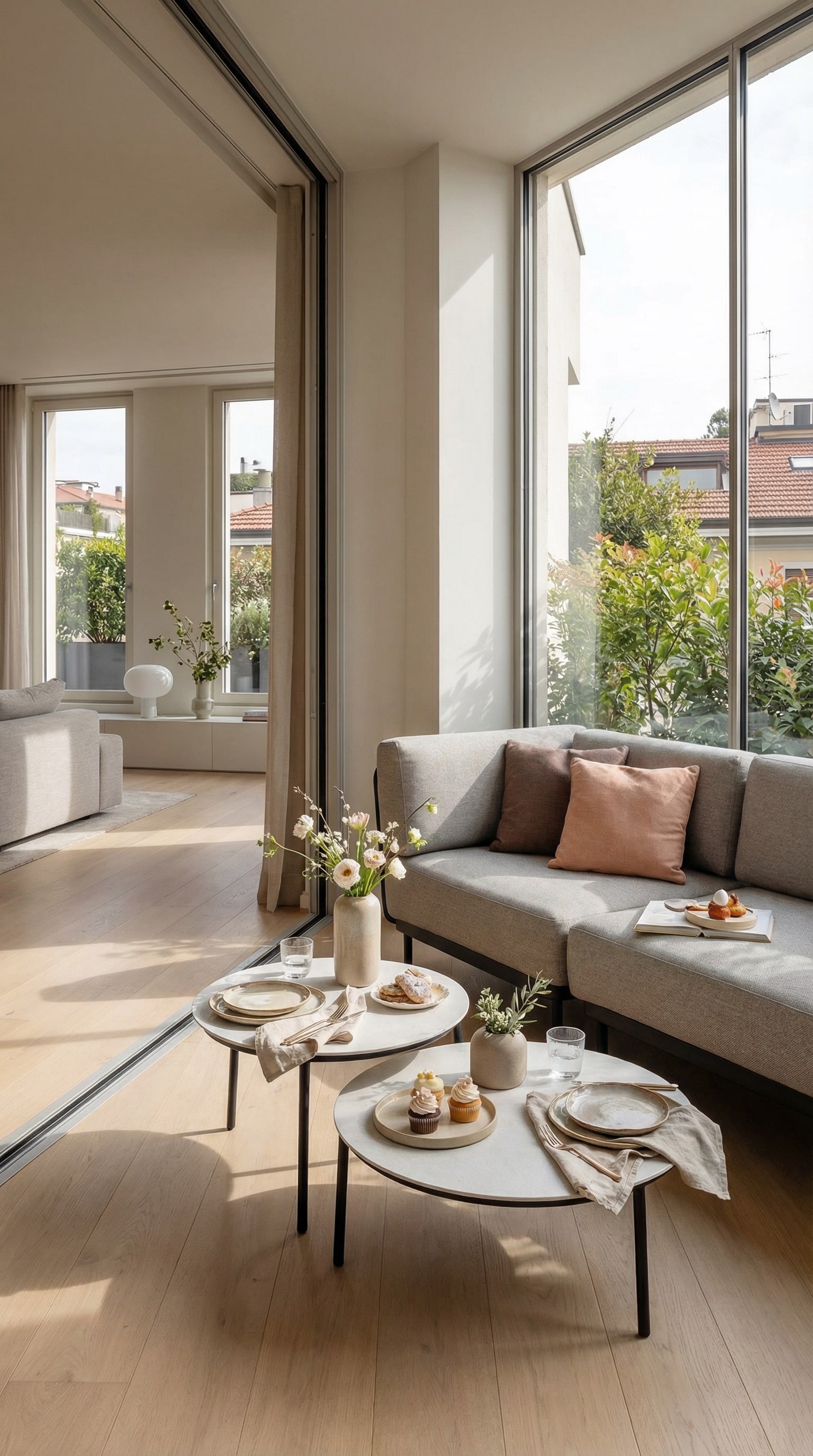 Zierlicher Outdoor Beistelltisch auf einem urbanen Balkon mit gro&szlig;en Fenstern