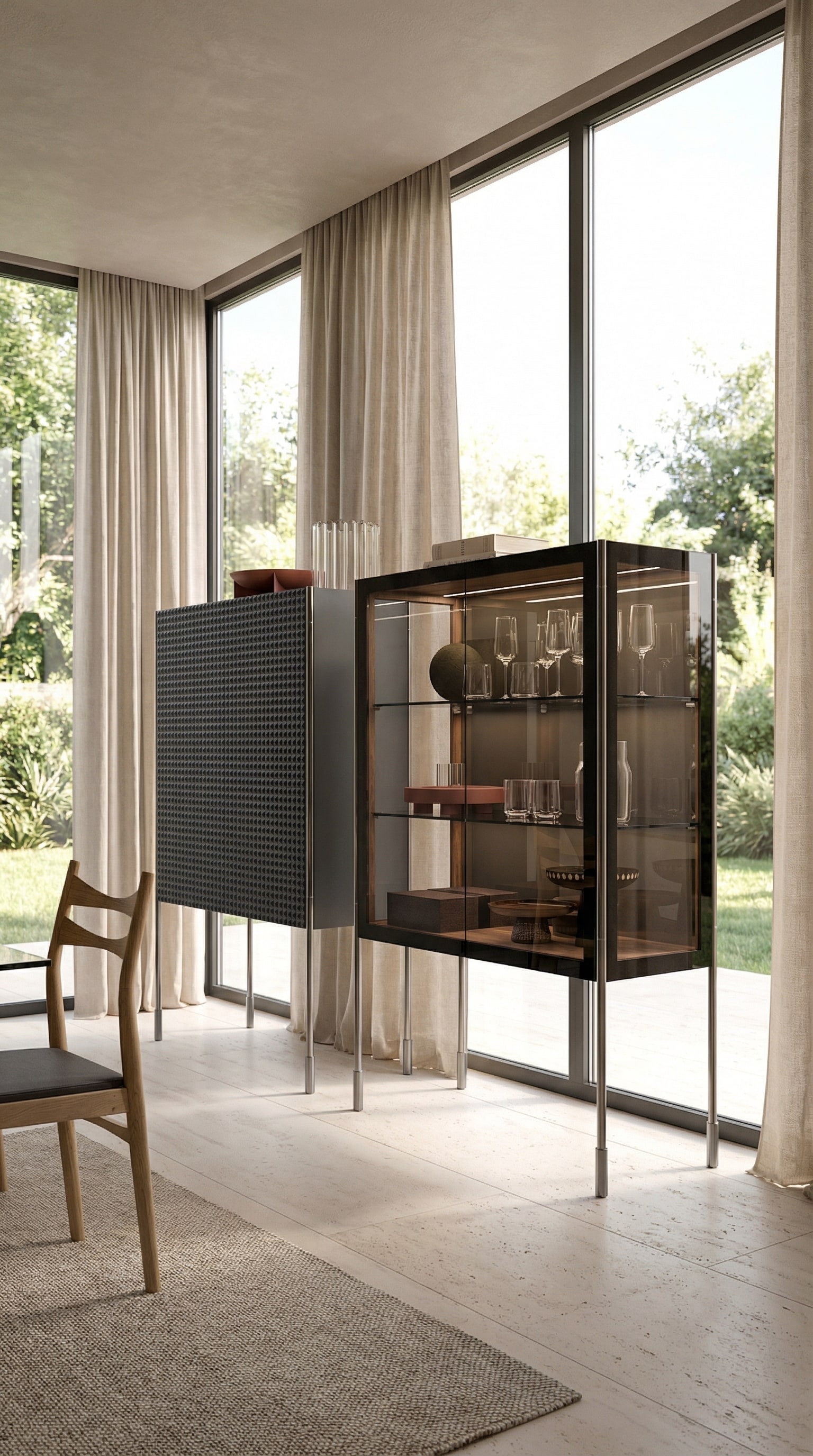 Schwarzes Highboard kombiniert mit einer eleganten Glasvitrine in einem hellen Raum Schwarzes Highboard kombiniert mit einer eleganten Glasvitrine in einem hellen Raum