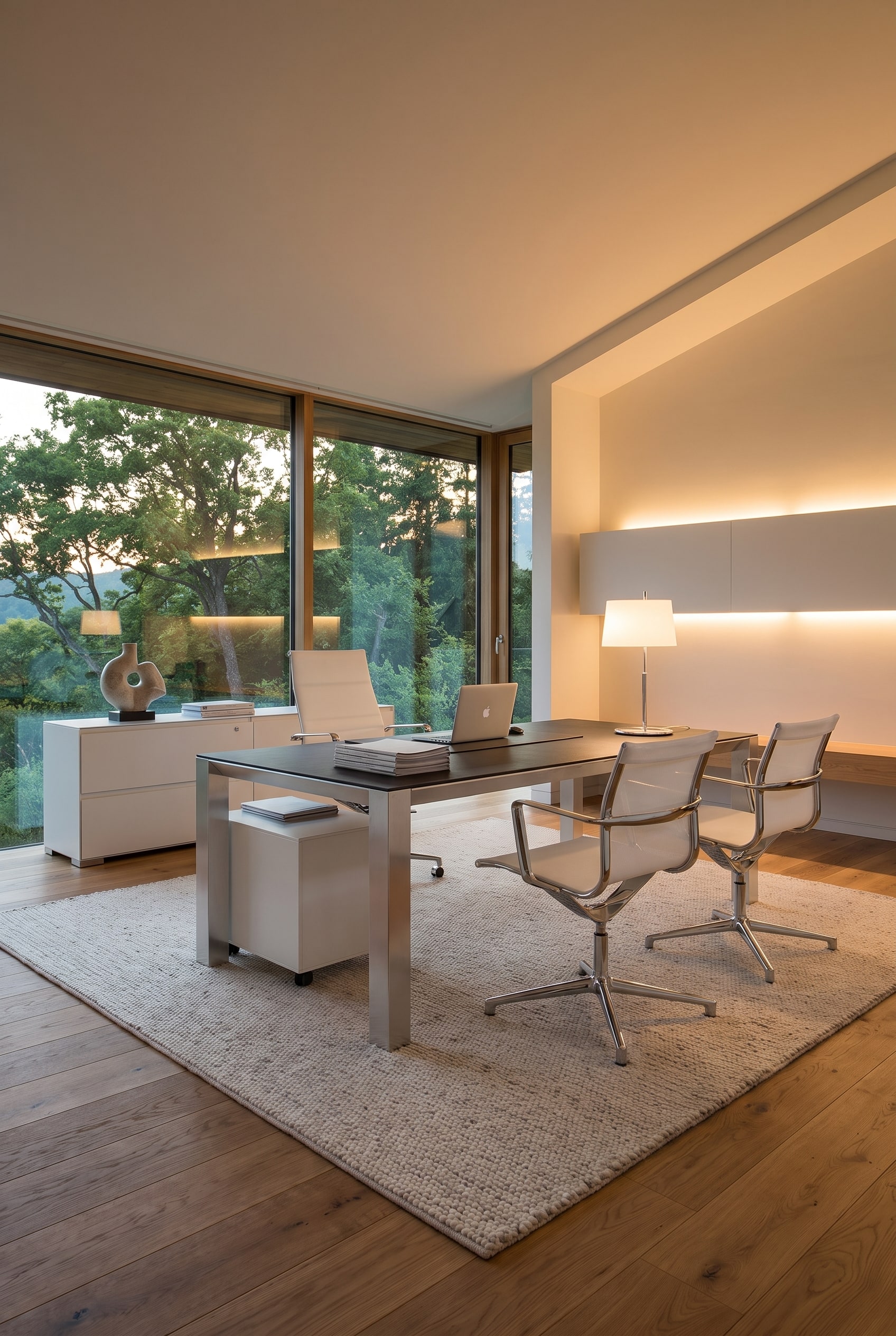 Großzügiges Manager-Büro mit einem breiten Schreibtisch aus Aluminium und Leder, dazu bodentiefe Fenster und ein heller Teppich