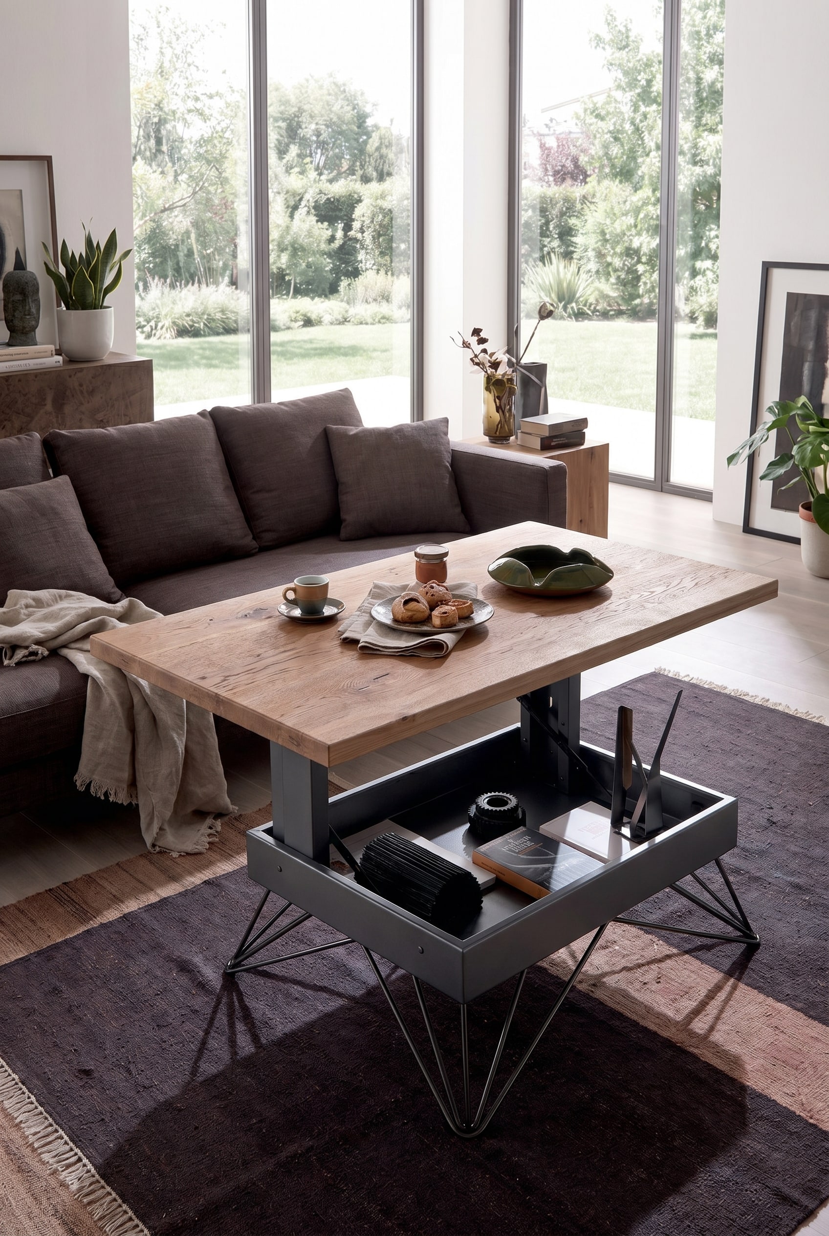 Wohnzimmer mit dunkelbraunem Sofa und einem h&ouml;henverstellbaren Couchtisch mit dicker Holzplatte auf geometrischem Metallgestell