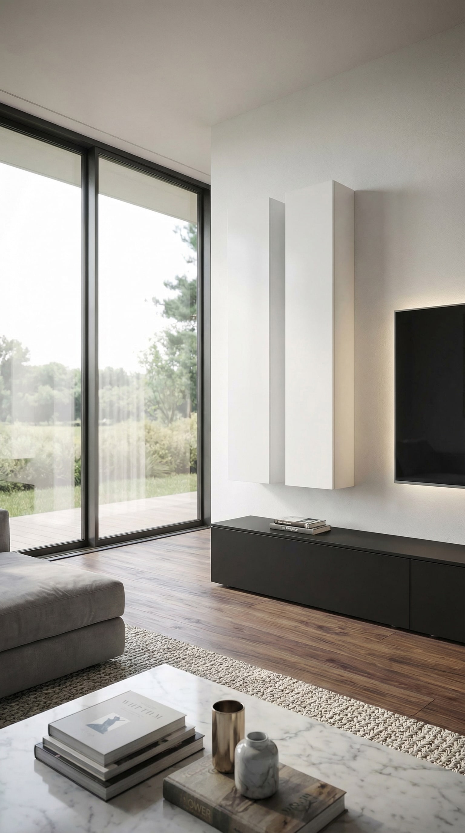 Komplett wandh&auml;ngende Livitalia Wohnwand C106 in einem minimalistischen Wohnzimmer