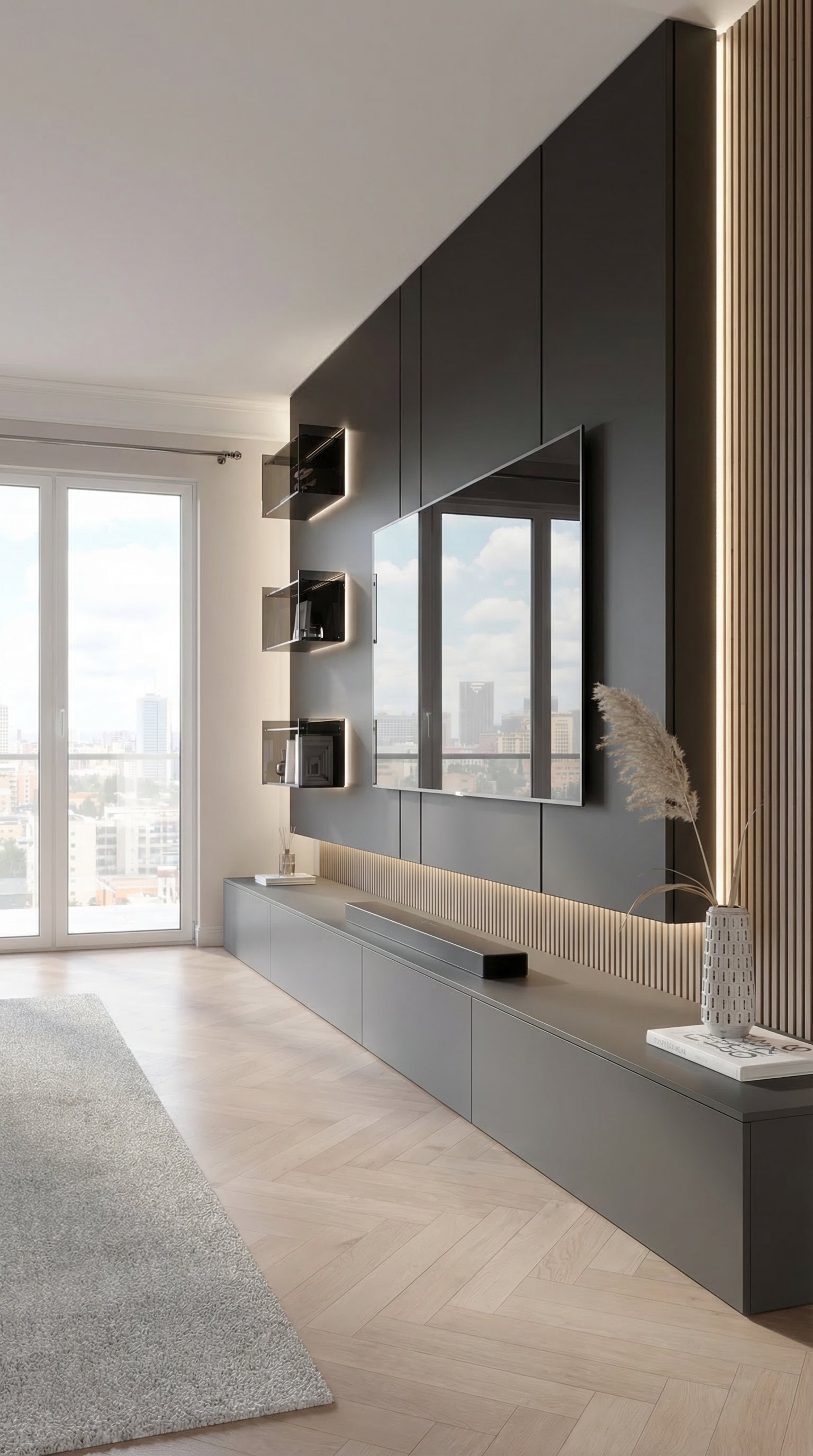Eine luxuri&ouml;se, dunkle TV-Wohnwand mit LED-Hintergrundbeleuchtung, Holzlamellen und perfekt integriertem Fernseher ohne sichtbare Kabel.