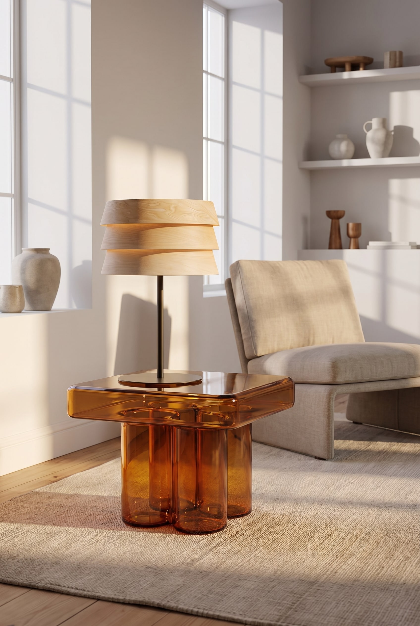 Living room with a massive, square coffee table made of greenish Murano glass and a soft linen rug