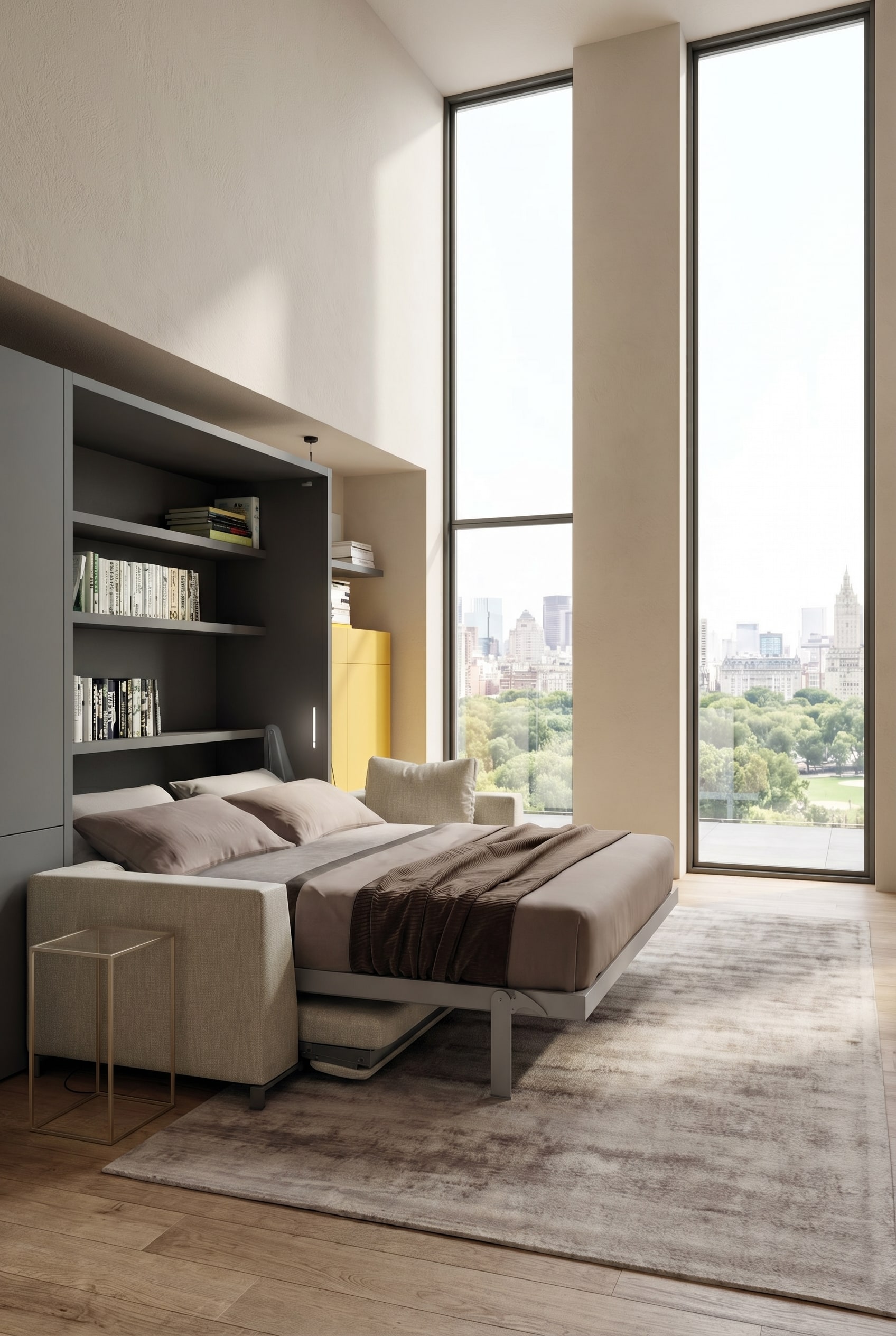 Ein modernes Wohnzimmer im Modern Italian Luxury Stil mit einem ausgeklappten Schrankbett und integriertem Sofa in hellen Farbt&ouml;nen.