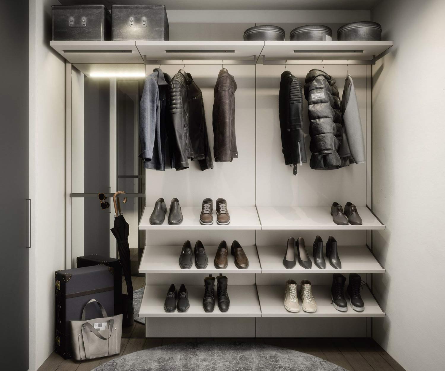 Design Garderobe offen Flur Kleidung Hangen Schuhablage Luxus Grau
