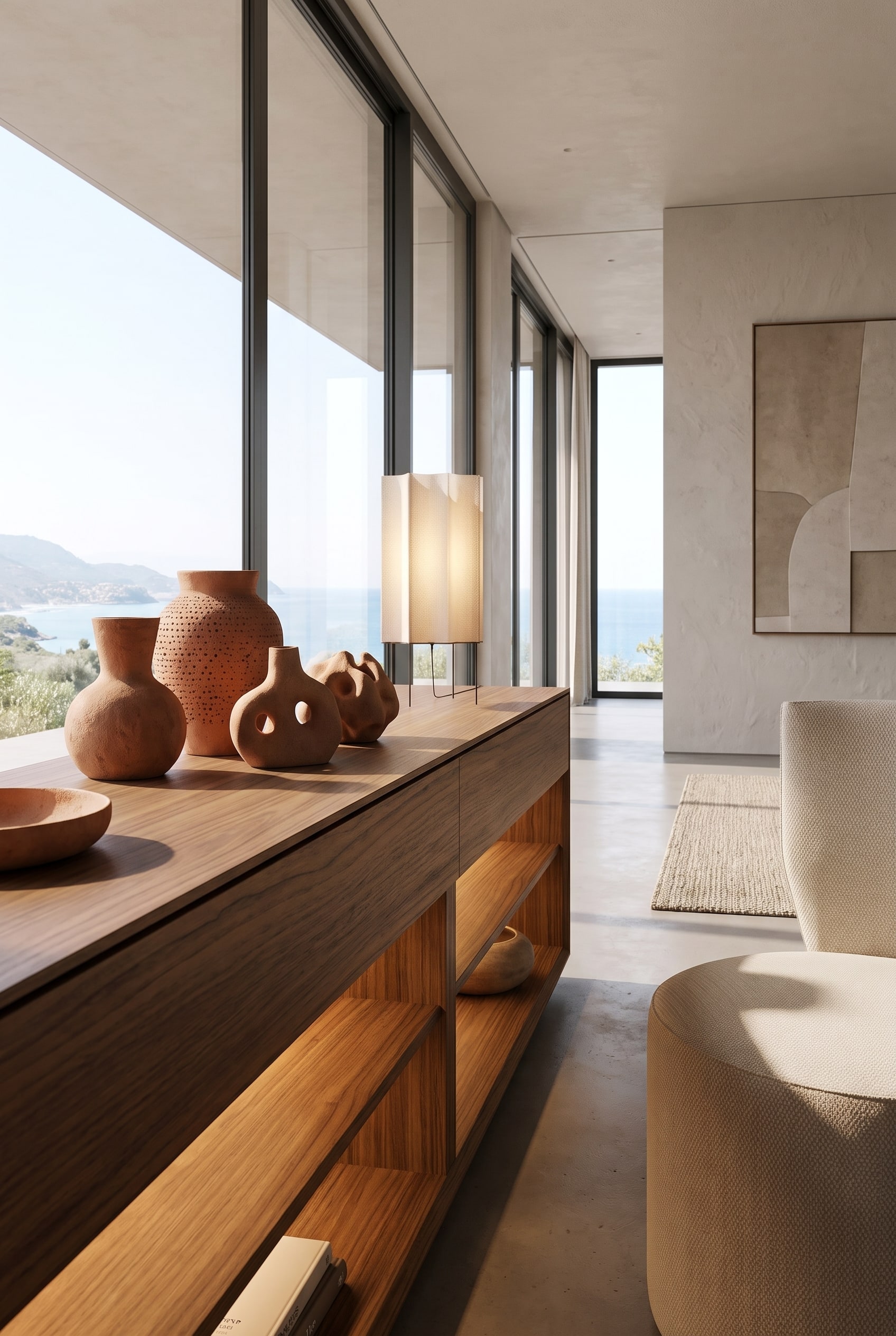 Ein elegant dekoriertes Sideboard mit bauchigen Keramikvasen, die von der sanften, warmen Ausleuchtung einer Punt Velasca Tischleuchte plastisch hervorgehoben werden.