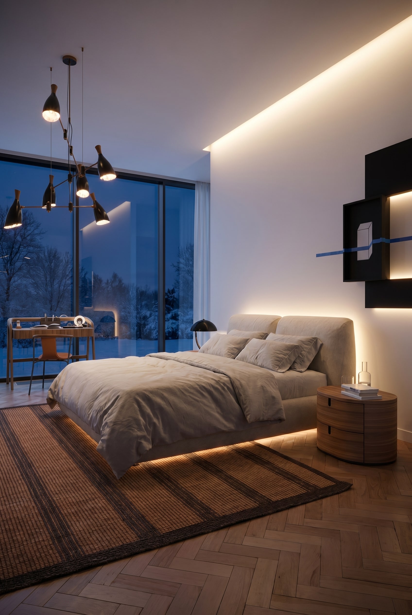 Elegantes Schlafzimmer mit voluminösem beigen Polsterbett und einem weichen Lichtkranz an der weißen Rückwand