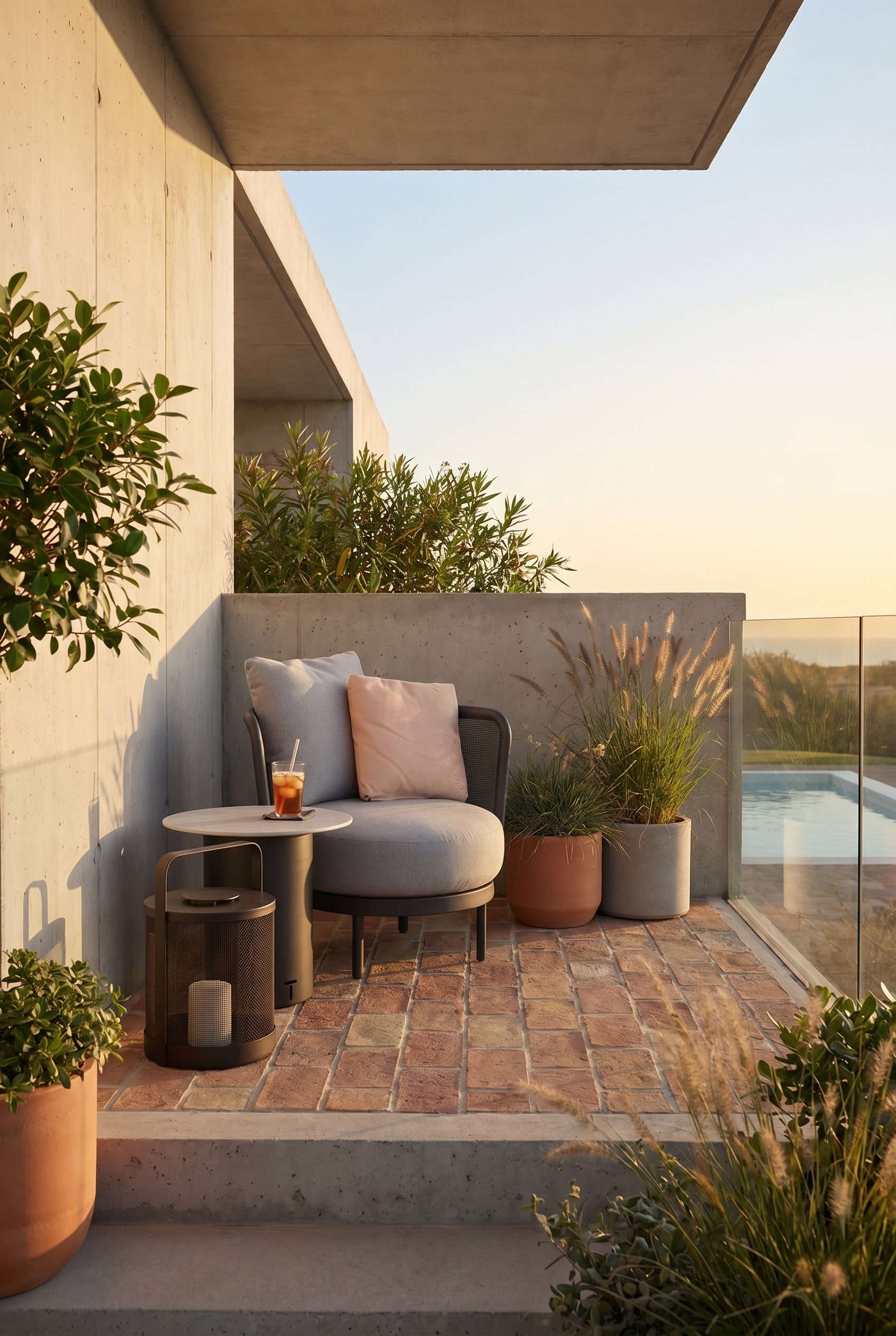 Balcony corner with round outdoor club armchair in soft grey on terracotta-colored tiles