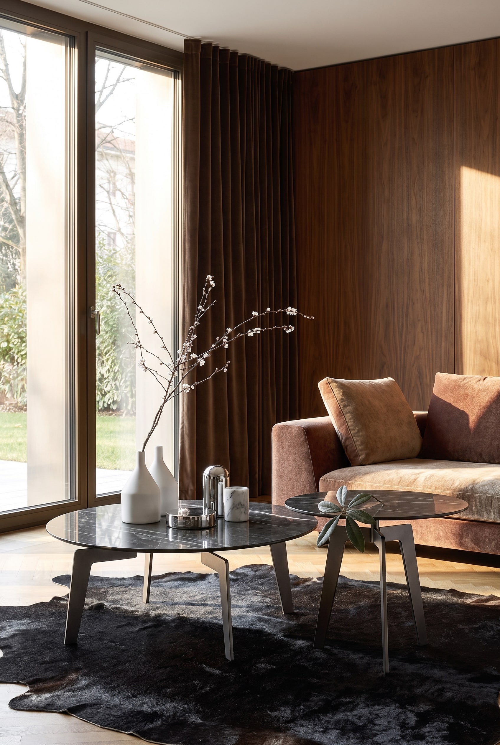 Round side table with marble top next to an armchair in a modern room with large windows