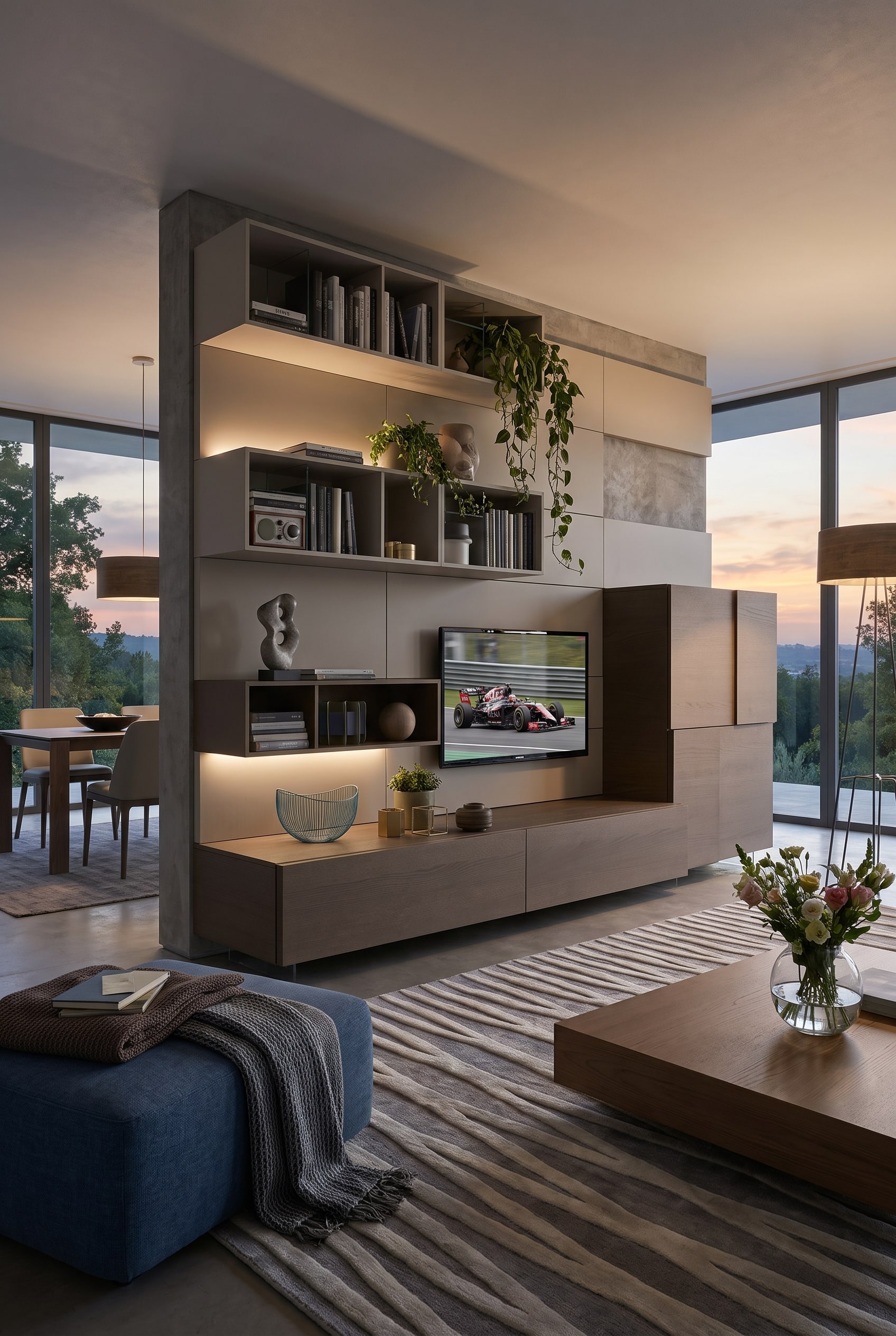 Großzügiges Wohnzimmer mit einem eleganten, freistehenden Raumteiler-Regal in Holzoptik, das den Loungebereich vom Essbereich abtrennt.