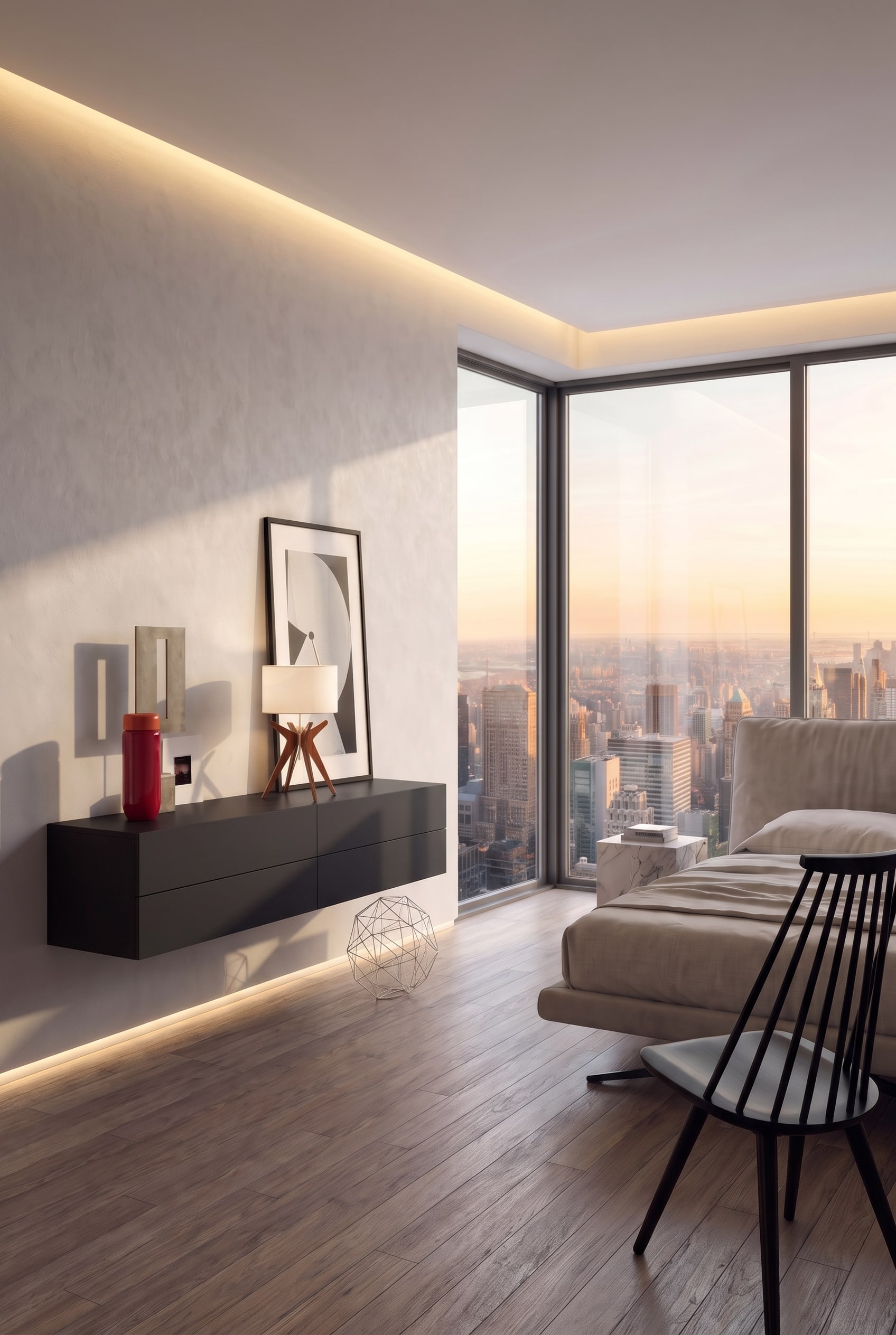 Modern bedroom with floating wall-mounted chest of drawers and indirect LED underfloor lighting