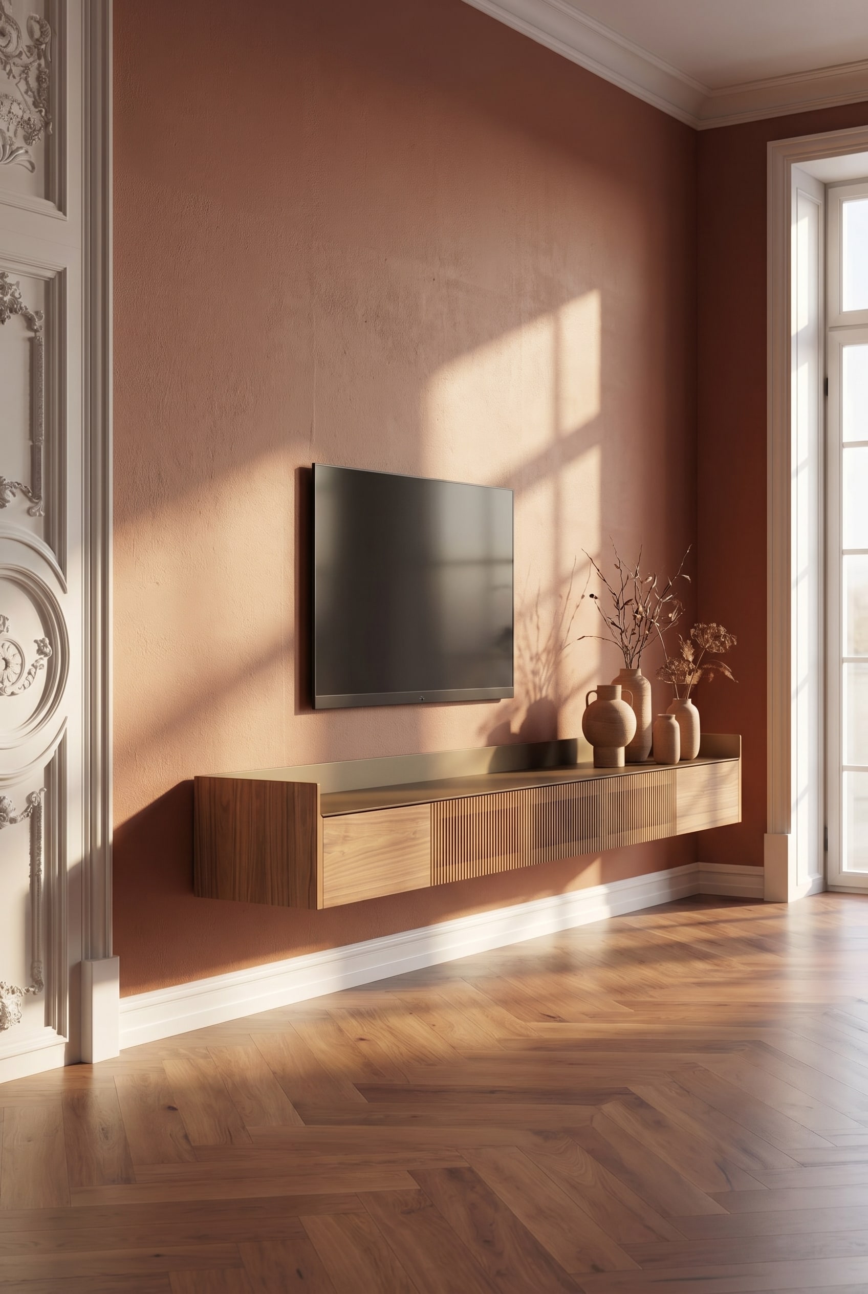Wohnzimmer mit wandhängendem Holz-Sideboard mit Lamellenfront und matten Keramikvasen