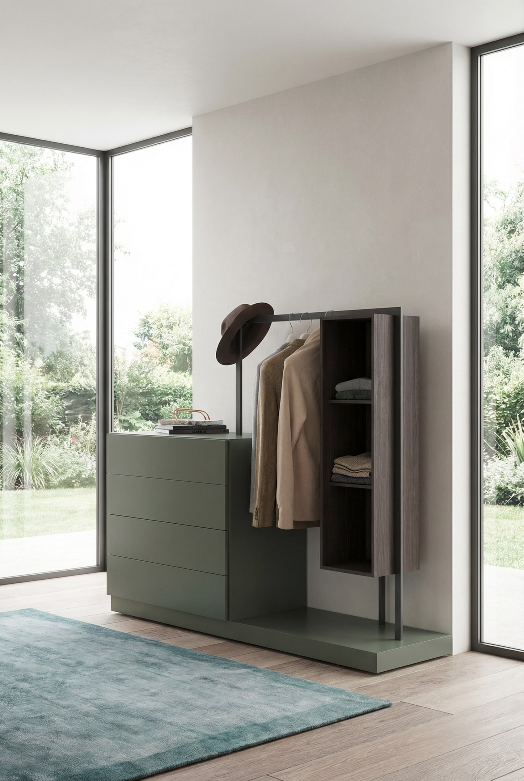 Novamobili Kommode Easy 4 mit integrierter Garderobe in einem offenen Schlafzimmerkonzept. Novamobili Kommode Easy 4 mit integrierter Garderobe in einem offenen Schlafzimmerkonzept.