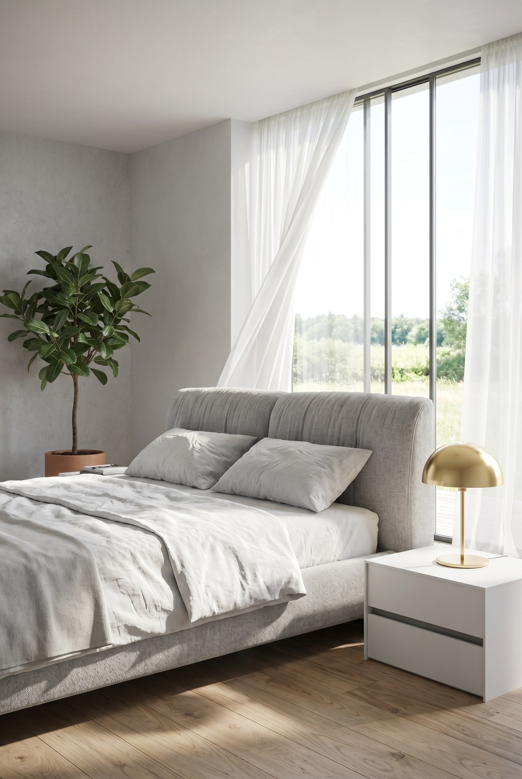 Luftiges Schlafzimmer mit einem grauen Polsterbett, weisser Leinen-Bettwäsche, einer minimalistischen Tischlampe und einer großen Grünpflanze