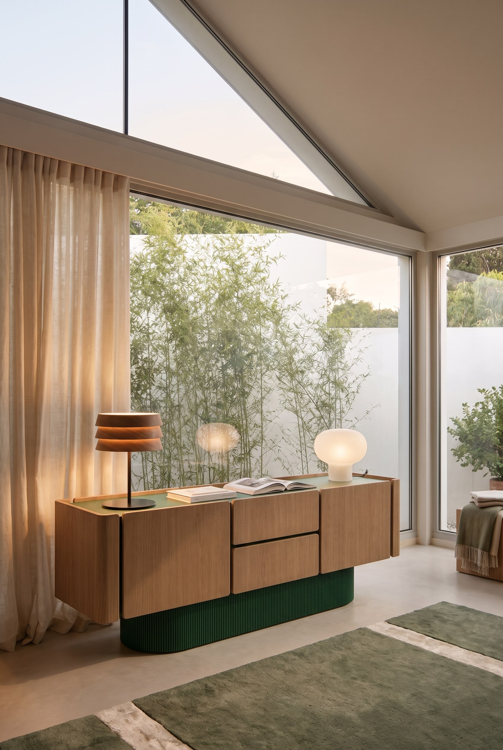 Wooden sideboard with a wavy, organic front as a strong contrast in an angular attic room