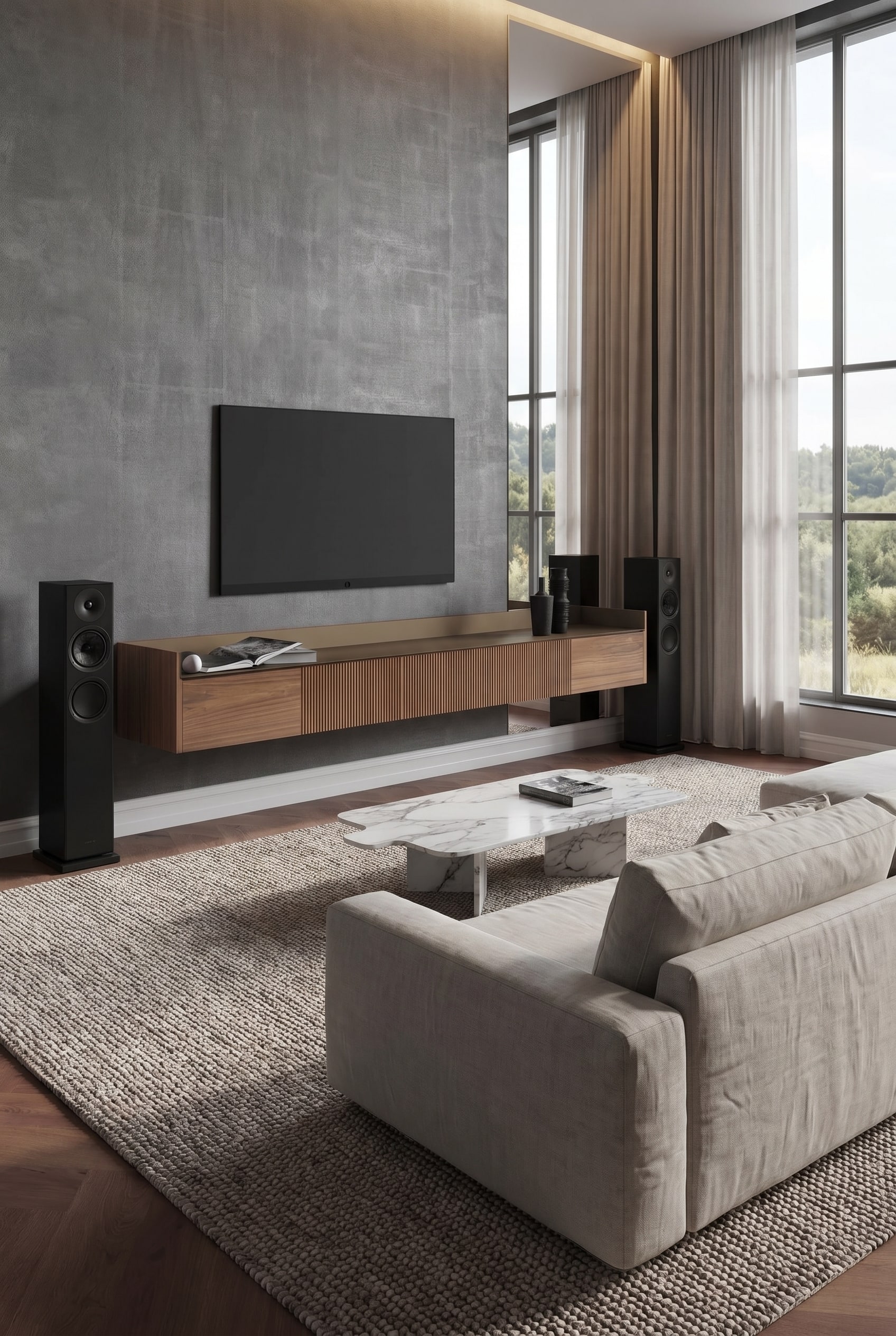 Modern living room with wall-mounted TV sideboard in walnut and black floor-standing speakers in warm evening light